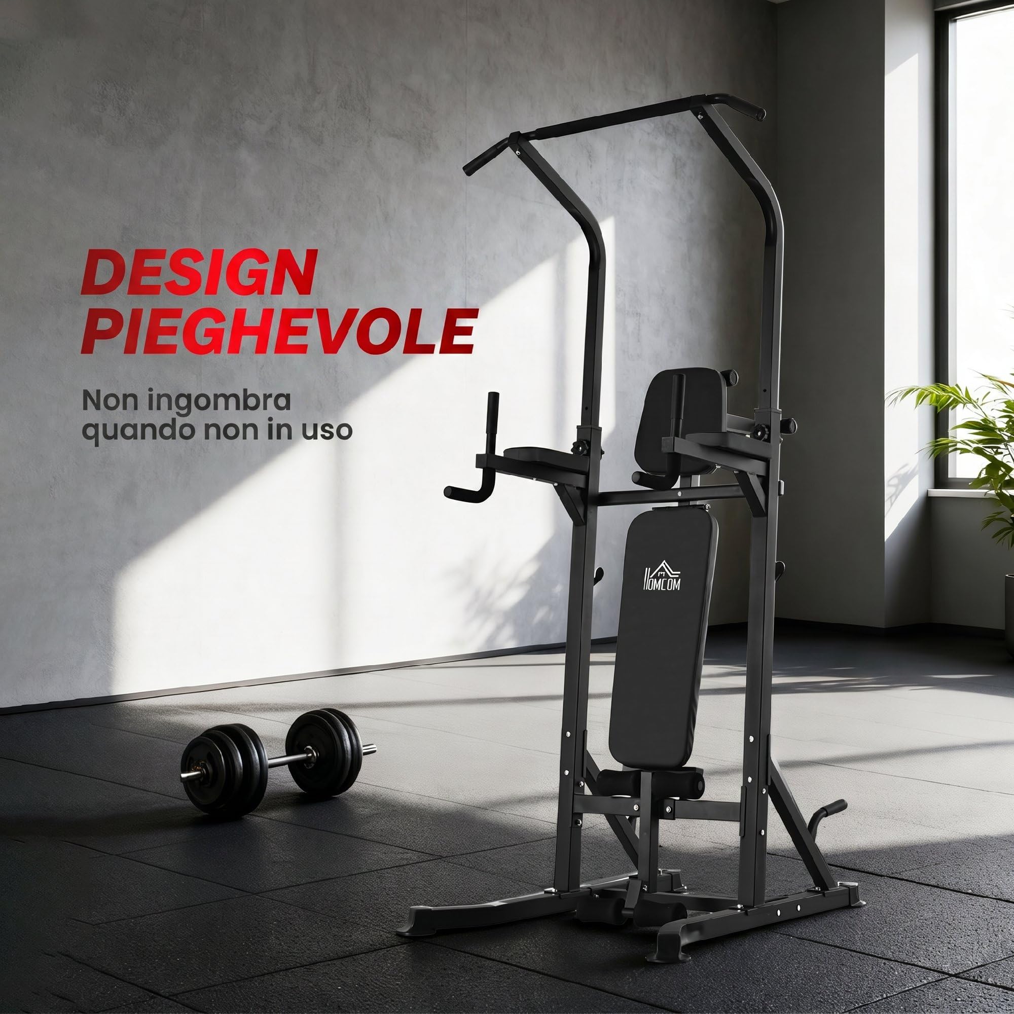 HOMCOM Power Tower Pieghevole, Panca Piana Regolabile, Rack Palestra