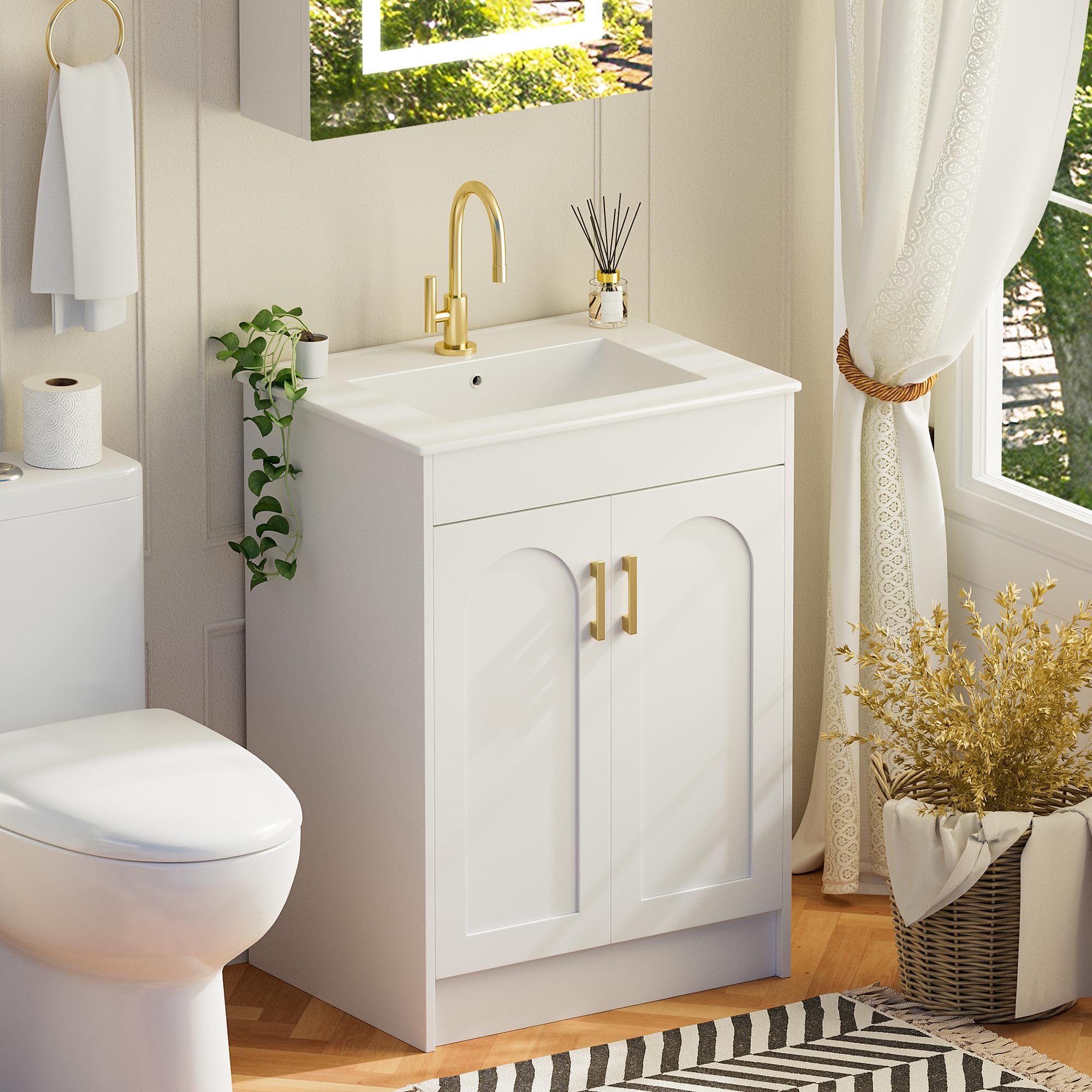 Mepplzian Bathroom Vanity Unit with Basin Ceramic Sink,White Floor Standing Under Sink Bathroom Cabinet,Cloakroom bathroom under sink cabinet,2 Door Soft Close Bathroom Storage Cabinet,Narrow,600 mm