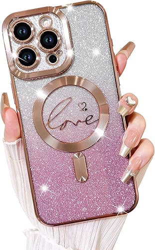 Vista 534 de Fiyart - Funda transparente magnética con purpurina para iPhone 12 para mujeres, con grabado "Love" metálico, protección para cámara y antigolpes
