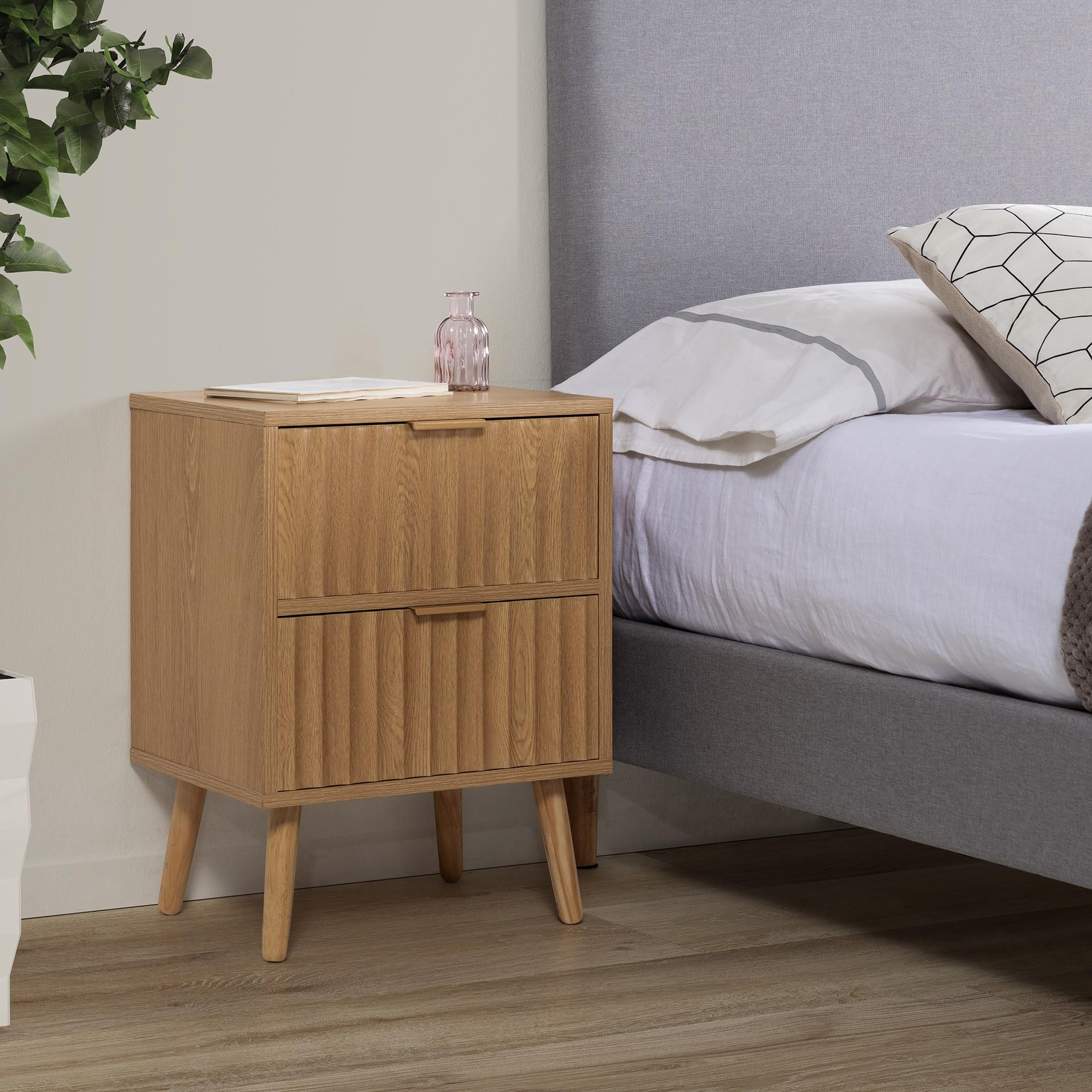 HOMN LIVING Mesita de Noche Lluvia 2 cajones Color Roble, 40 cm (Ancho) 30 cm (Profundo) 55 cm (Altura)