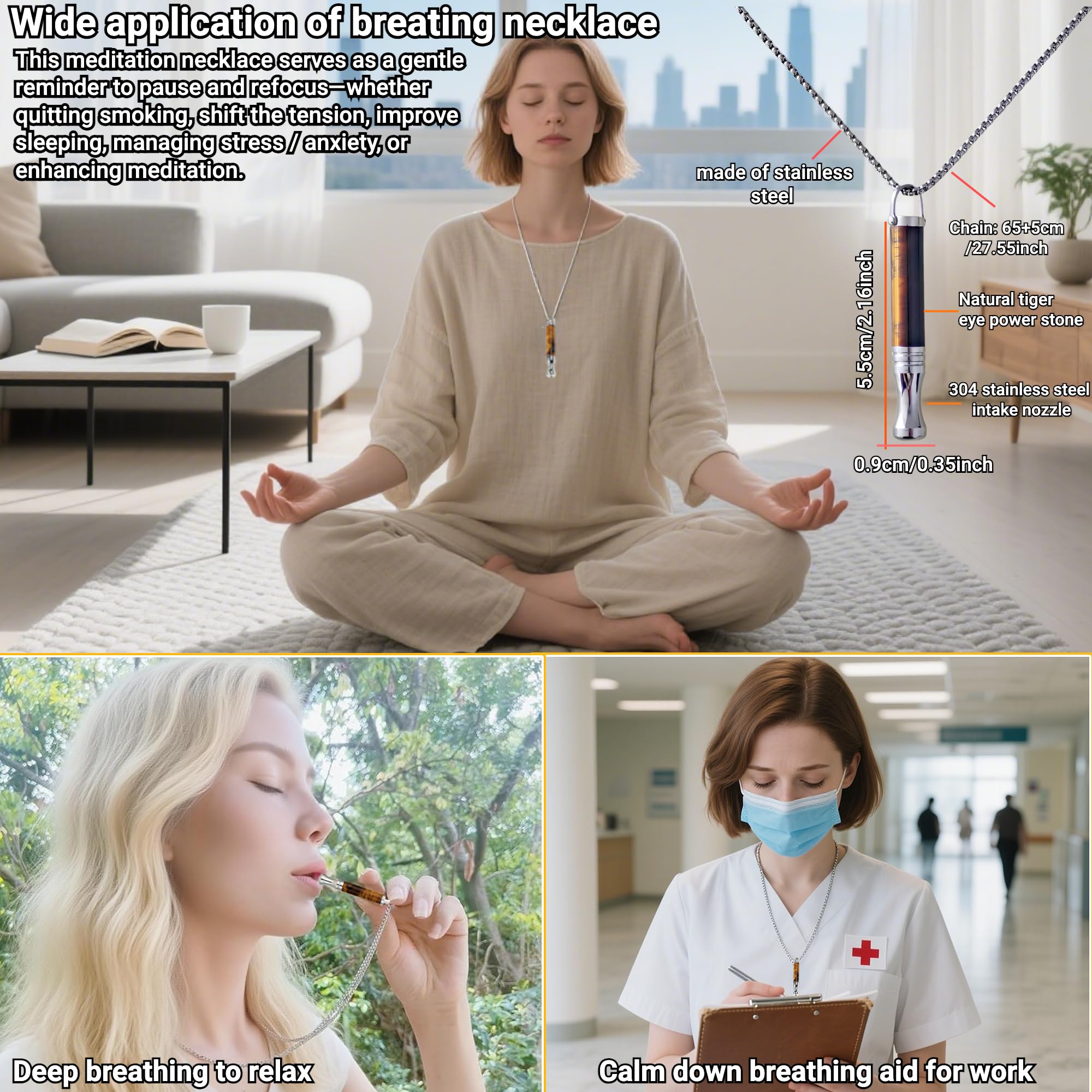 Collar de Respiración con Piedra de Ojo de Tigre y Aromaterapia Cadena de Acero Inoxidable 70cm Herramienta de Meditación y Atención Plena para Calmar,Ayudar a Dormir,Aliviar la Ansiedad y el Estrés