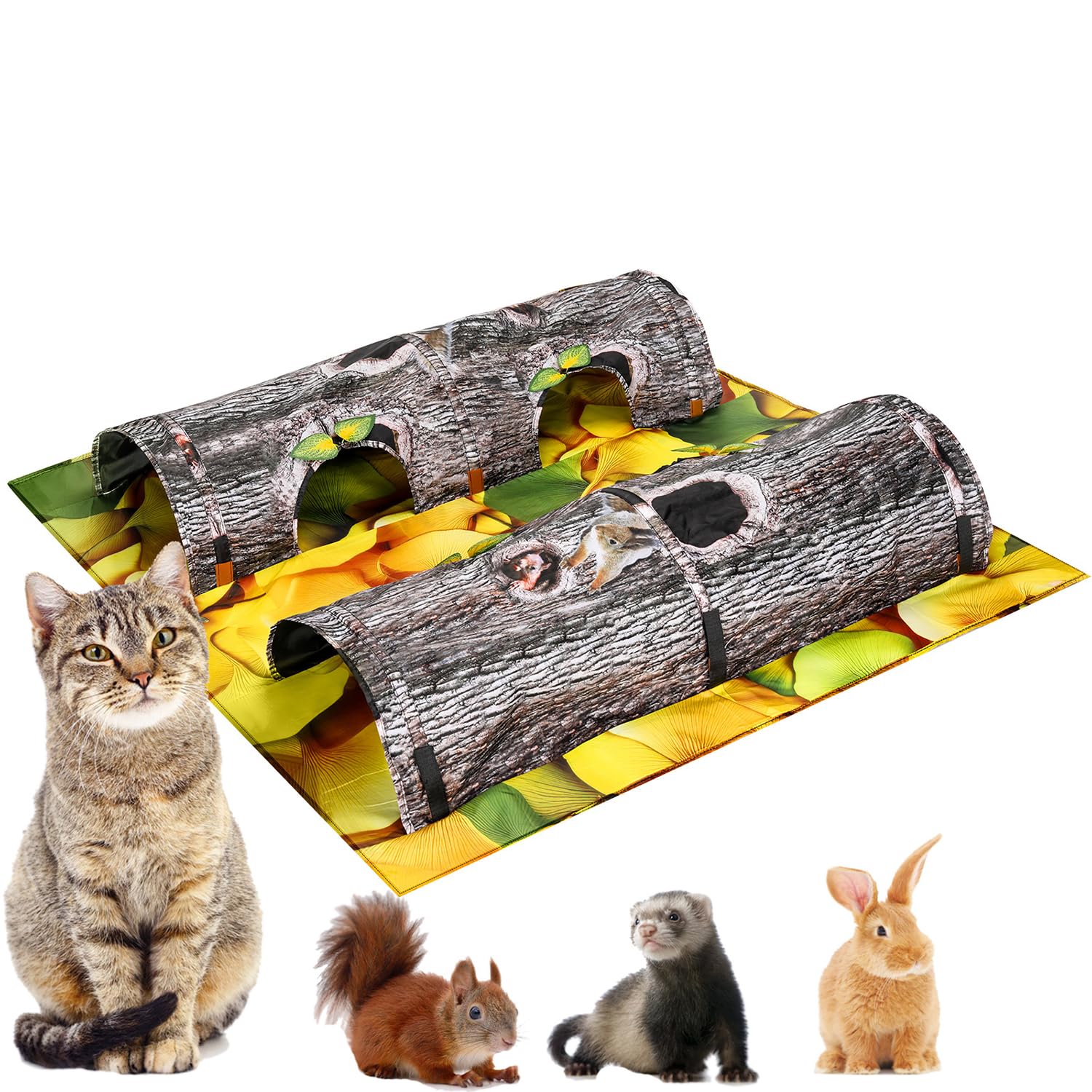 AMYESE Pet Activity Tunnels - Interactive Tree Trunk Cat Play Tunnel Tube center with Peek Holes, Pets Puzzle Hunt Chase Training Center for Kitten,