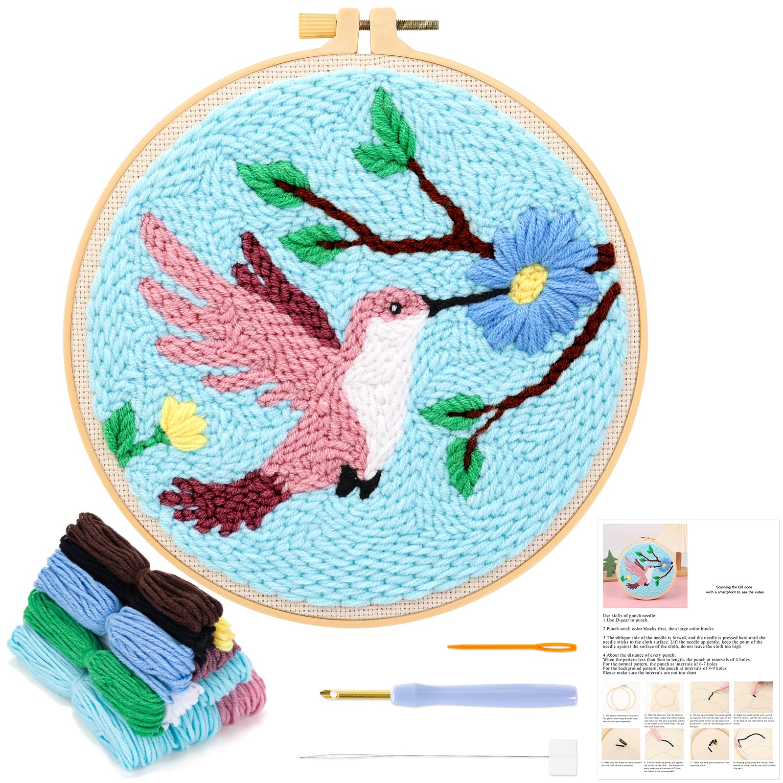 JSRQT Punch Needle Embroidery Kit for Beginners, Hummingbird Pattern Punch Needle Stater Kit for Adult Kids, DIY Craft Cross Stitch Rug Beginners Set with Tool, for Home Decor