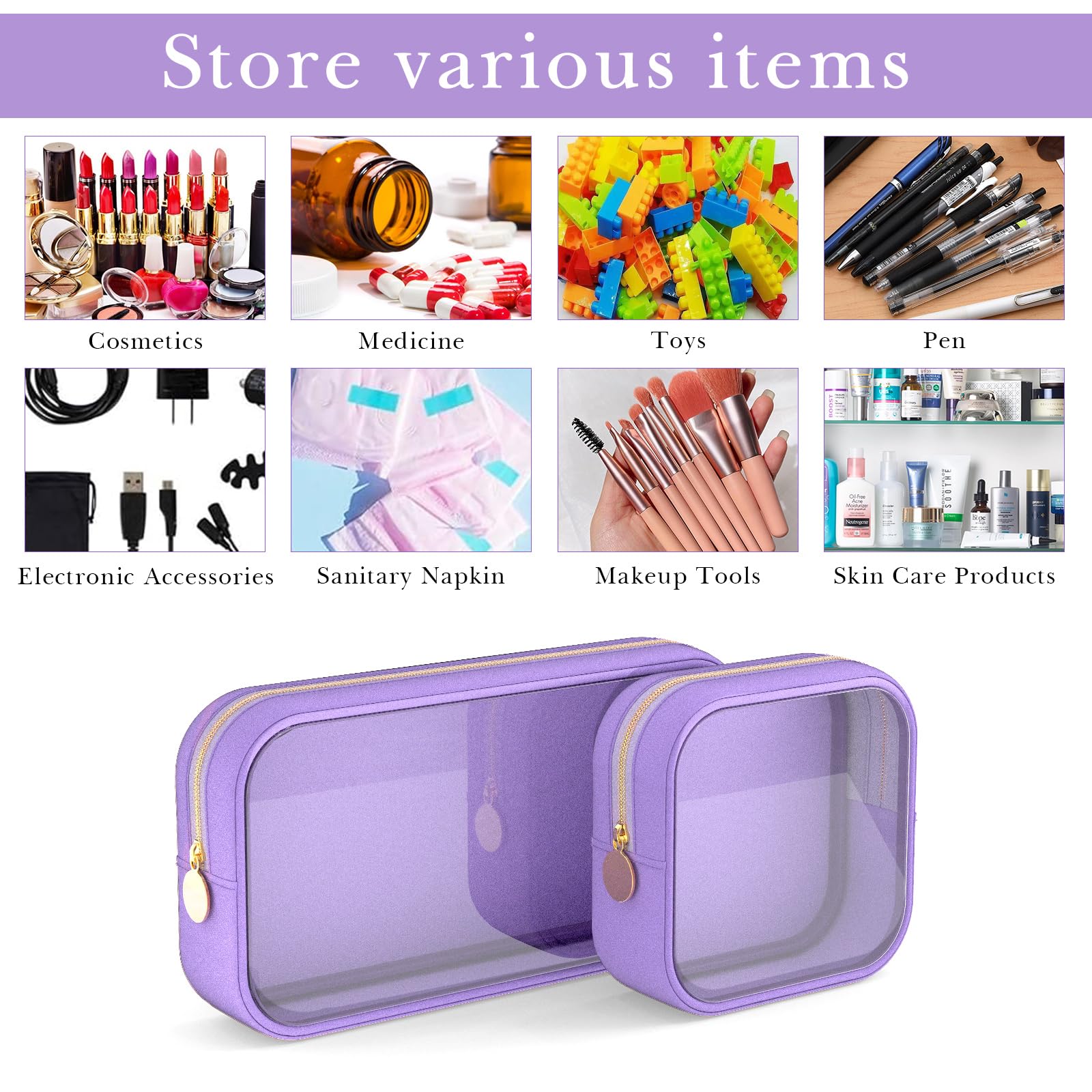 Adorila Clear Makeup Bag Set of 2, TSA Approved Waterproof Travel Cosmetic Bag, PVC Nylon Portable Makeup Organizer Bags for Women (Purple), Purple - Image 3