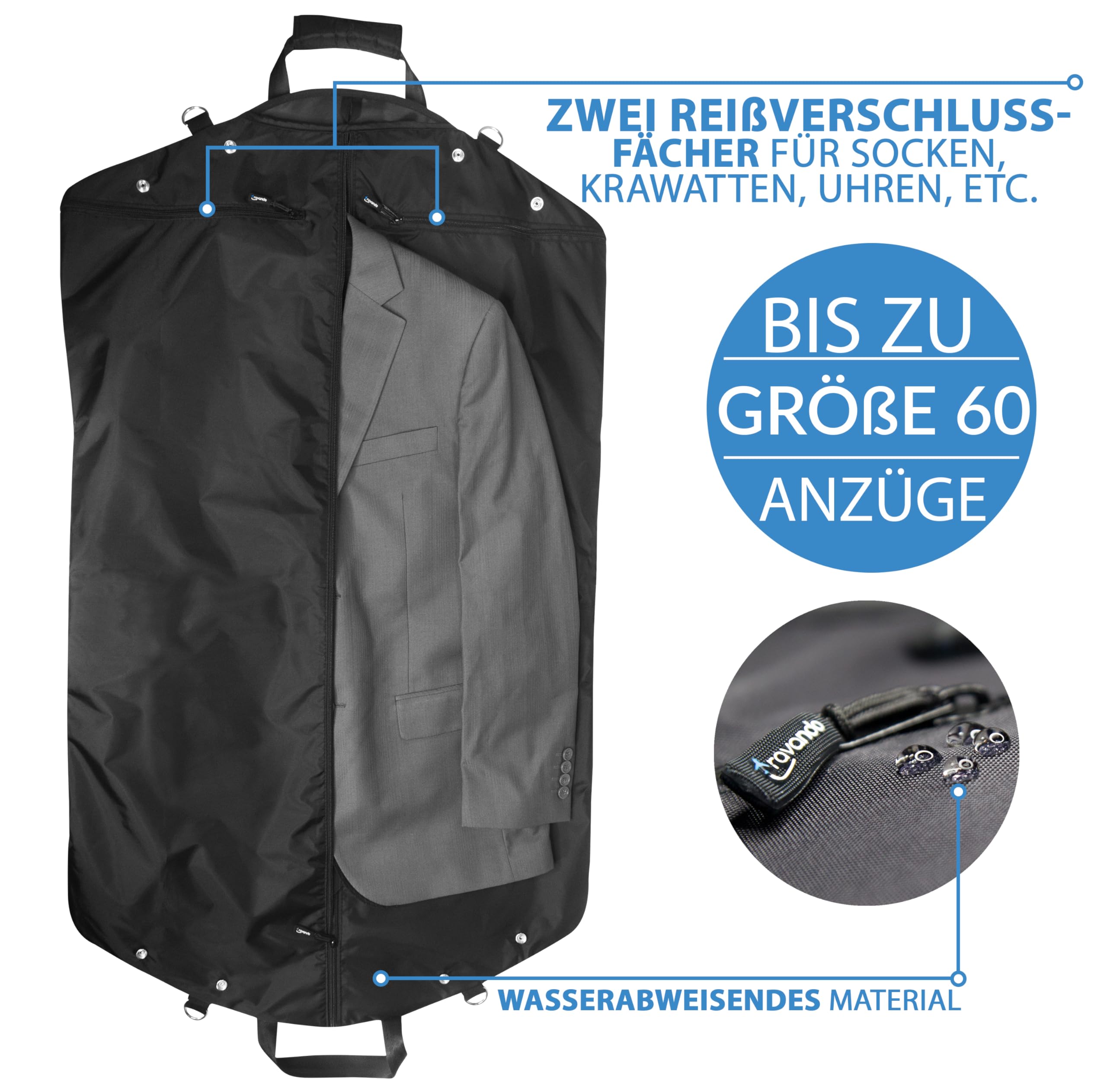 Travando Kleidersack für Anzug mit 15" Laptopfach & Schultergurt - Anzugtasche - knitterfreie, Wasserabweisende und Faltbare Kleidertasche - Garment Bag for Suits