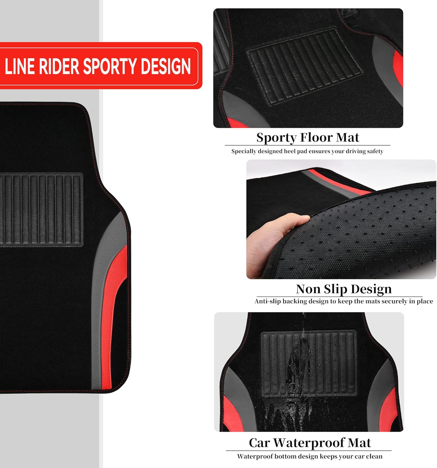 CAR PASS Leather Sporty Car Floor Mats Carpet, Universal Waterproof Automotive Floor Mat Fit for Sedans, Cars, Mid Trucks, Vans, SUV, Set of 4 (Black and Red) - Image 3