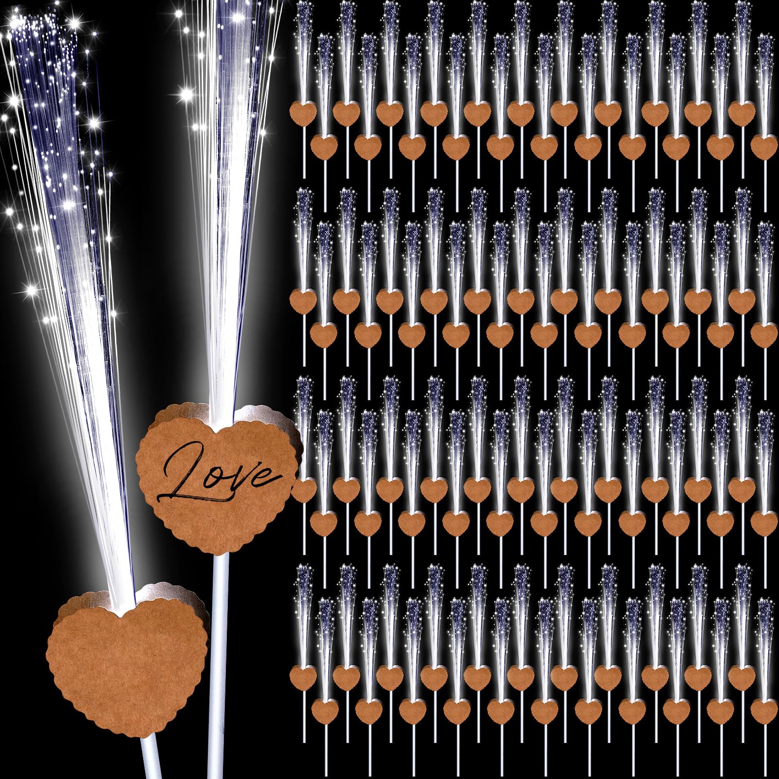 100 Pcs LED Wedding Sparklers Glow Sticks Heart Shape Long Fiber Optic Wands with 3 Light Modes for Send Off Reception Valentine Proposal Carnival Birthday Party Supplies Dance Floor Prop (Brown)