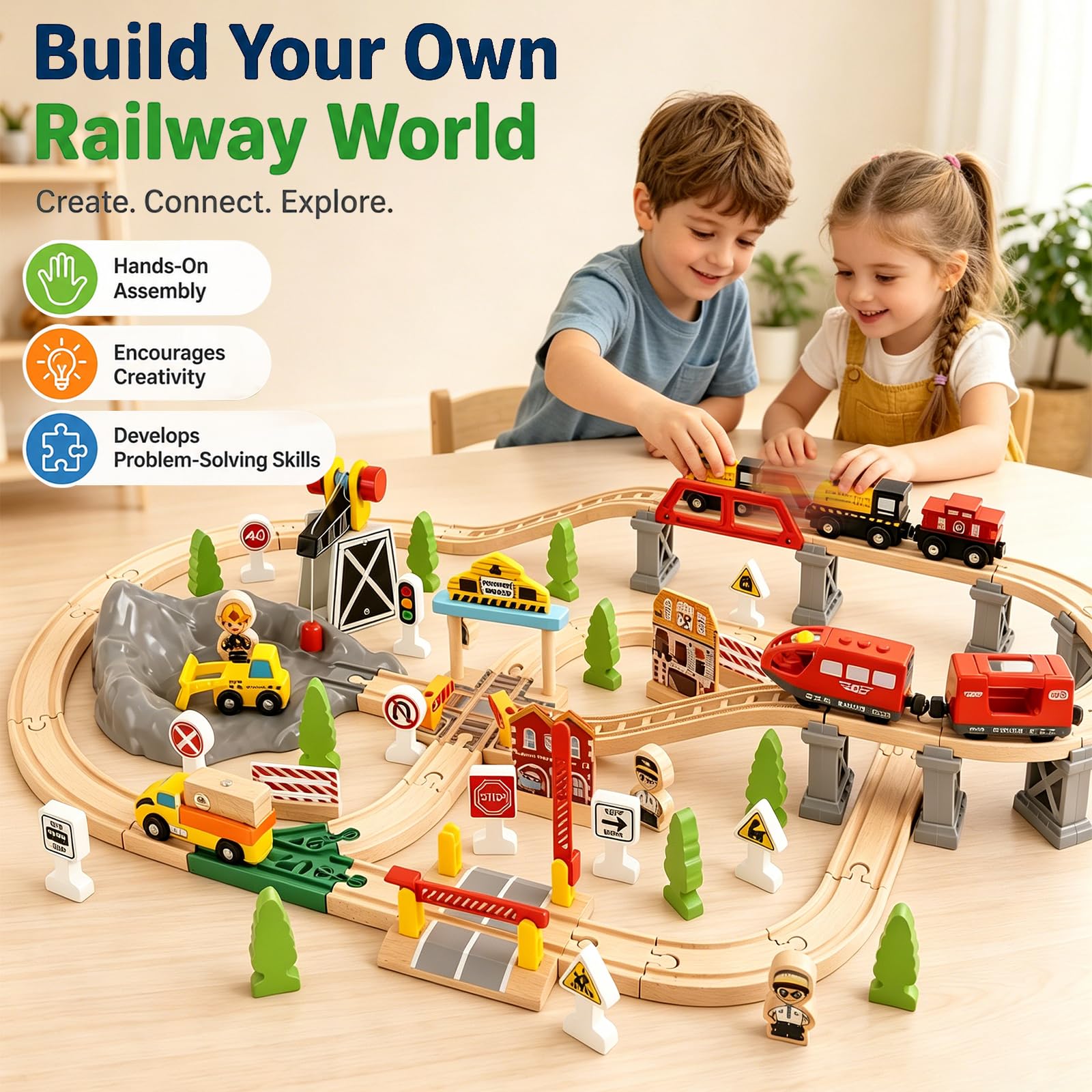 Treni in Legno per Bambini, Set di 100 Pezzi Treni e Giocattoli in Legno, con Locomotiva Trenino Elettrico e Gru Magnetica, Giocattoli Treno Elettrico, Regali di Compleanno e Natale Bambini