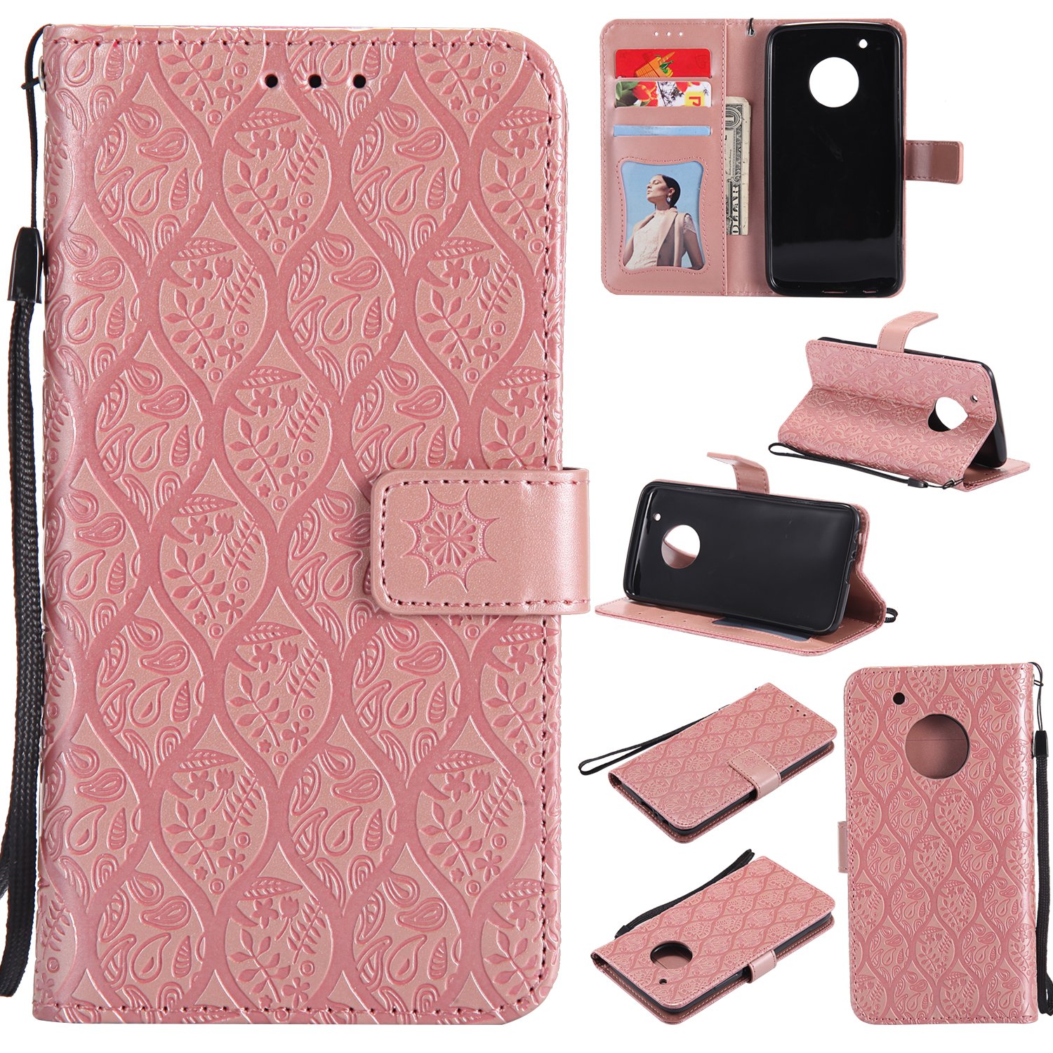 kelman Mobile Phone Cases for Motorola Moto G5 Plus/Moto X 2017 Case Cover - PU Leather + Soft Silicone TPU Wallet Flip Phone Case - [YYT03/Rose Gold]