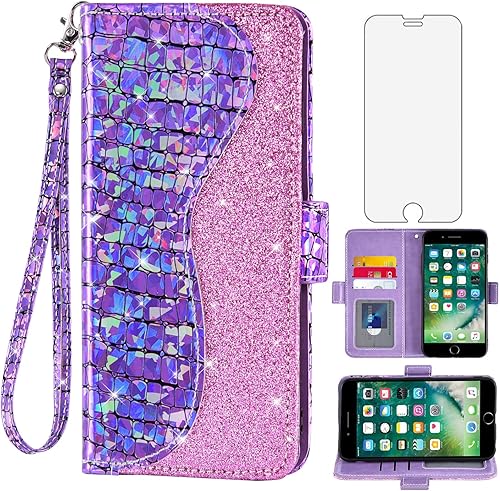 Asuwish Funda de teléfono para iPhone 7plus 8plus 78 Plus Funda tipo cartera con protector de pantalla y correa para la muñeca, soporte para