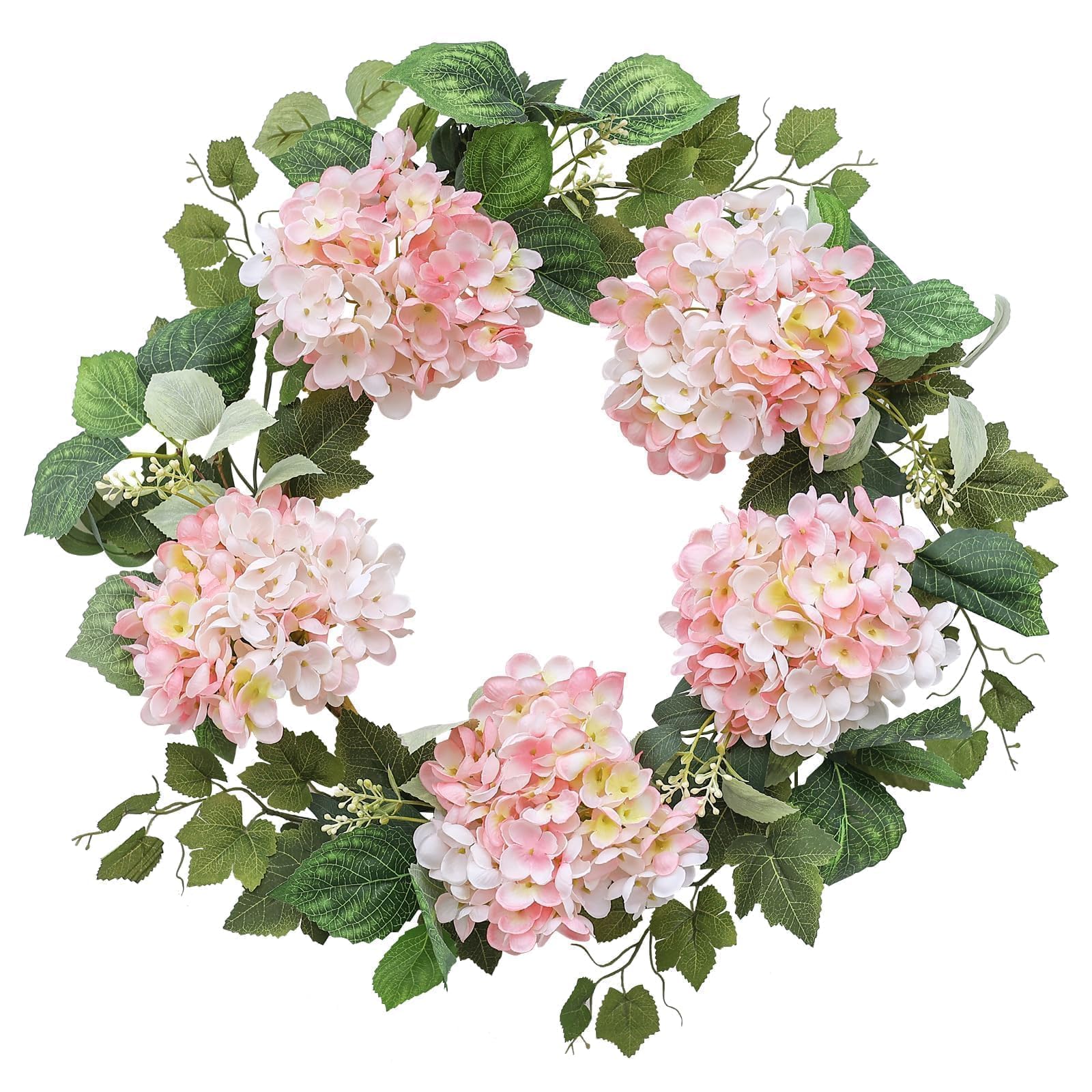 Photo 1 of Hometrance Pink Hydrangea Spring Wreath, 18 Inch Outdoor Summer Decor w/Eucalyptus & Hydrangea Leaves, Farmhouse Indoor Wreath for All Seasons