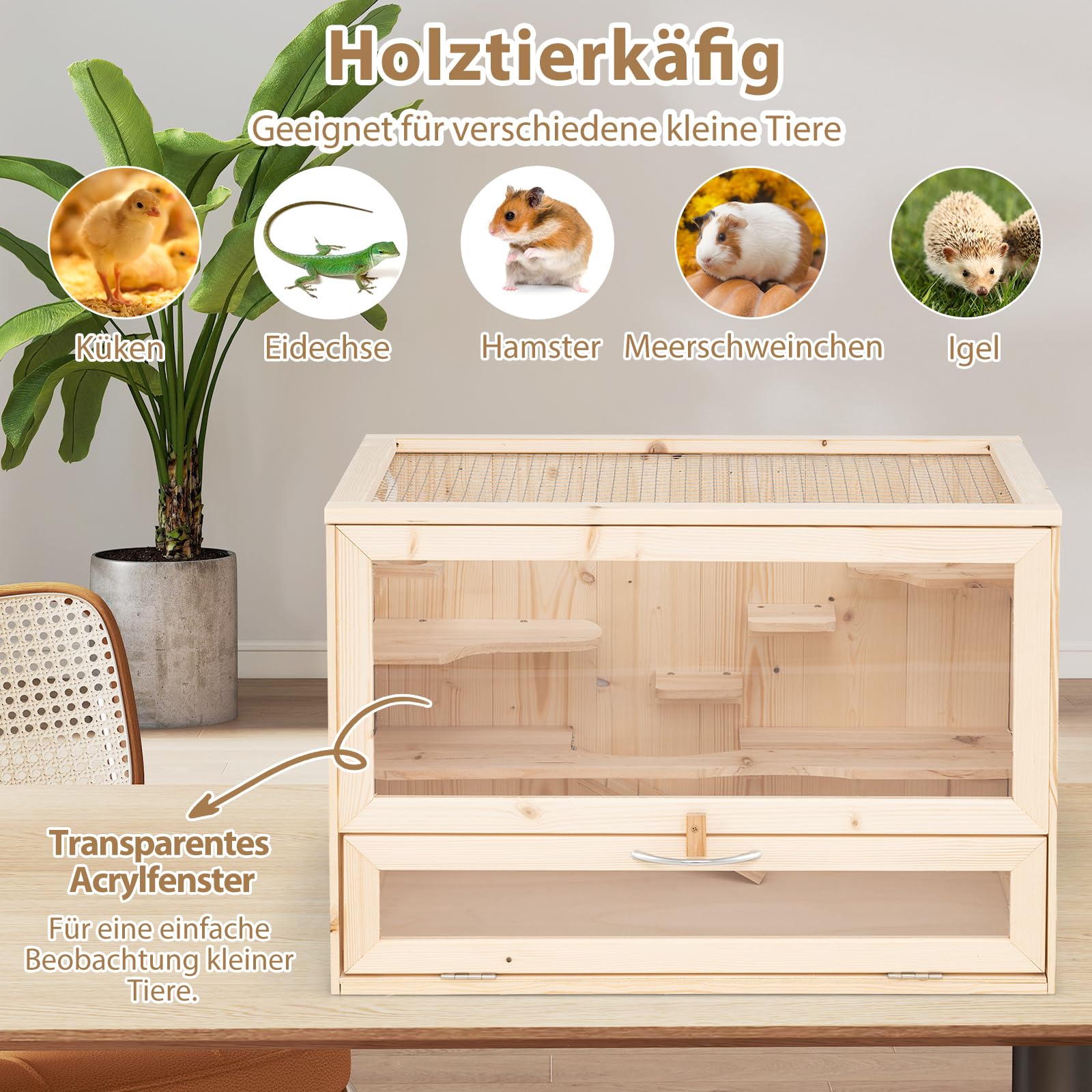 GOPLUS Hamsterkäfig Holz, Nagerkäfig 60cm lang, Meerschweinchen Käfig mit modularer Aufbau Inkl. Tür aus Acrylglas, Rampe, Plattform & 5 Kletterbretter, Holzkäfig für Hamster (60 x 35,5 x 42 cm)