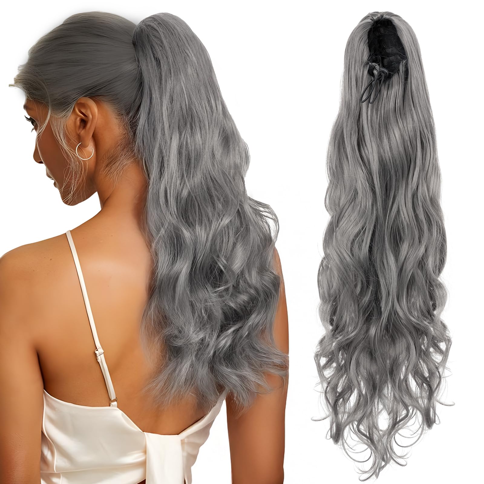 TESS Wavy Ponytail Extension, Drawstring Clip in Ponytail Hair Extensions, Long Hair Extensions, 24 Inches 160g, Grey