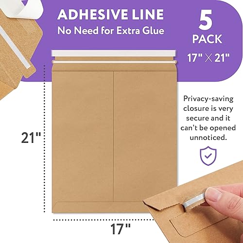 Vista 16 de Sobres rígidos de papel kraft marrón natural, 20 x 27 pulgadas. Paquete de 5 sobres de cartón. Sobres resistentes y planos con cierre autosellado.