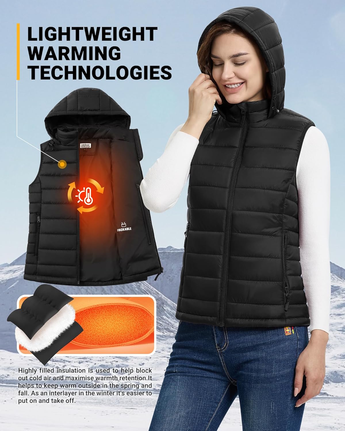 Outdoor Ventures Women's Lightweight Packable Hooded Puffer Vest Outerwear Zip Up Warm Sleeveless Winter Jacket Quilted Coat - Image 4