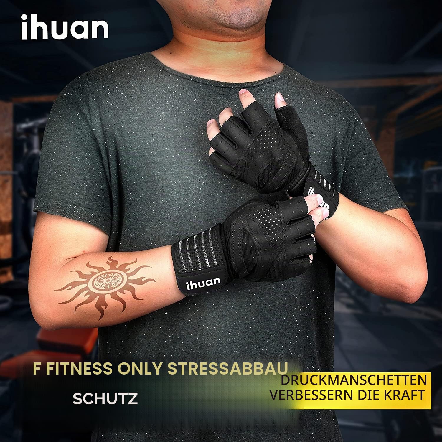 ihuan Belüftete Fitness Handschuhe mit Handgelenkband-Unterstützung für Herren und Frauen | Schwarze Trainingshandschuhe | kompletter Handflächenschutz für Gewichtheben, Training