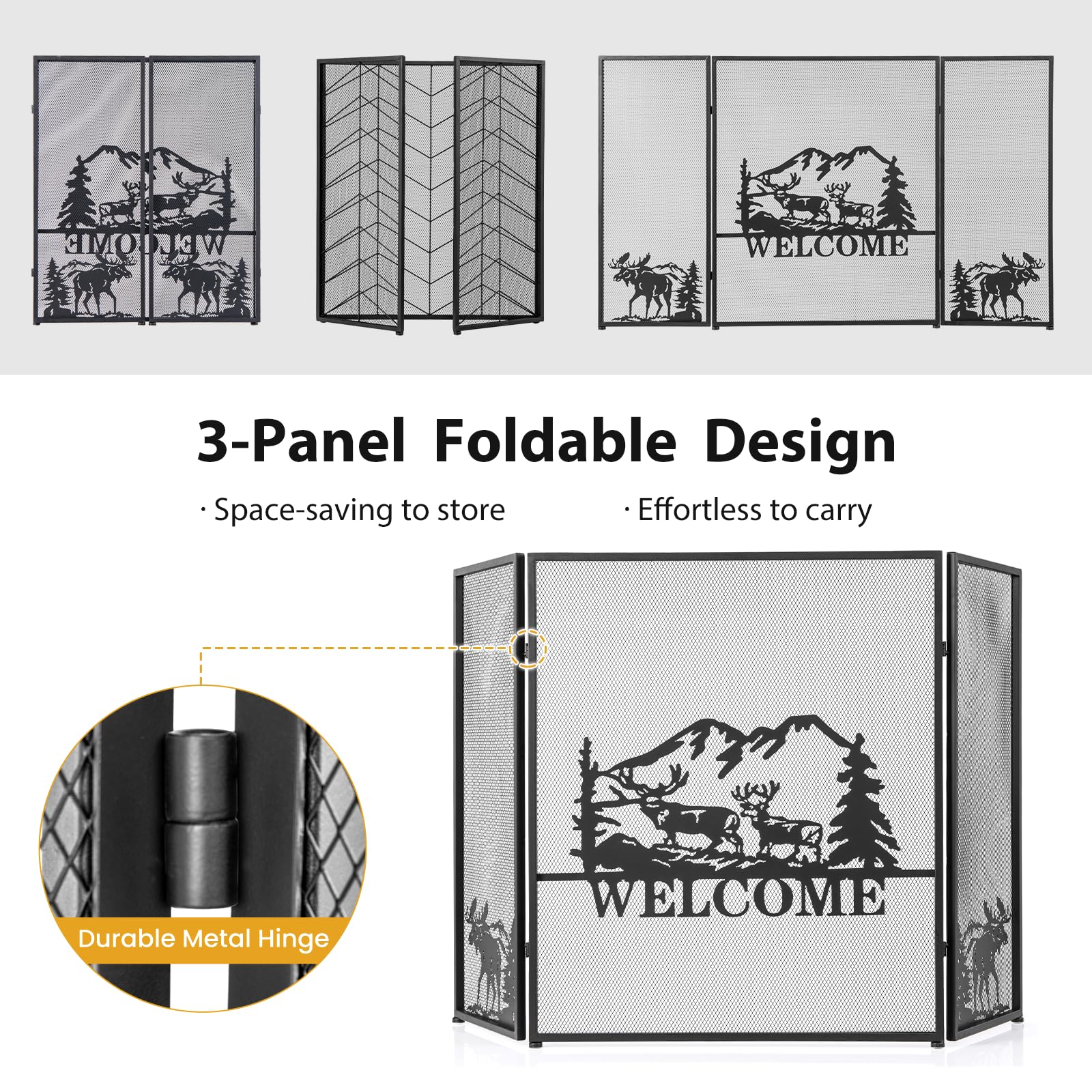 LIFEZEAL Griglia di protezione antincendio pieghevole in metallo, 3 pezzi, 132 x 79 cm, copertura parascintille per camino aperto, pannelli in ferro battuto, colore nero