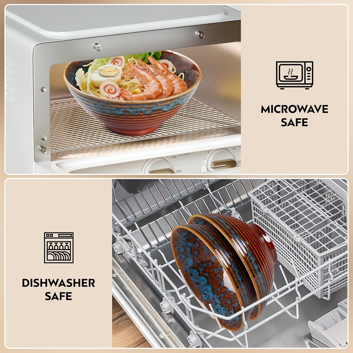 2x Ceramic Ramen Bowls - 40 oz - 20cm - With Spoon and Chopsticks for Ramen Soup Pho Udon Asian Noodles, Large Noodle Bowls (Cat's eye glaze 2 sets) - Image 4