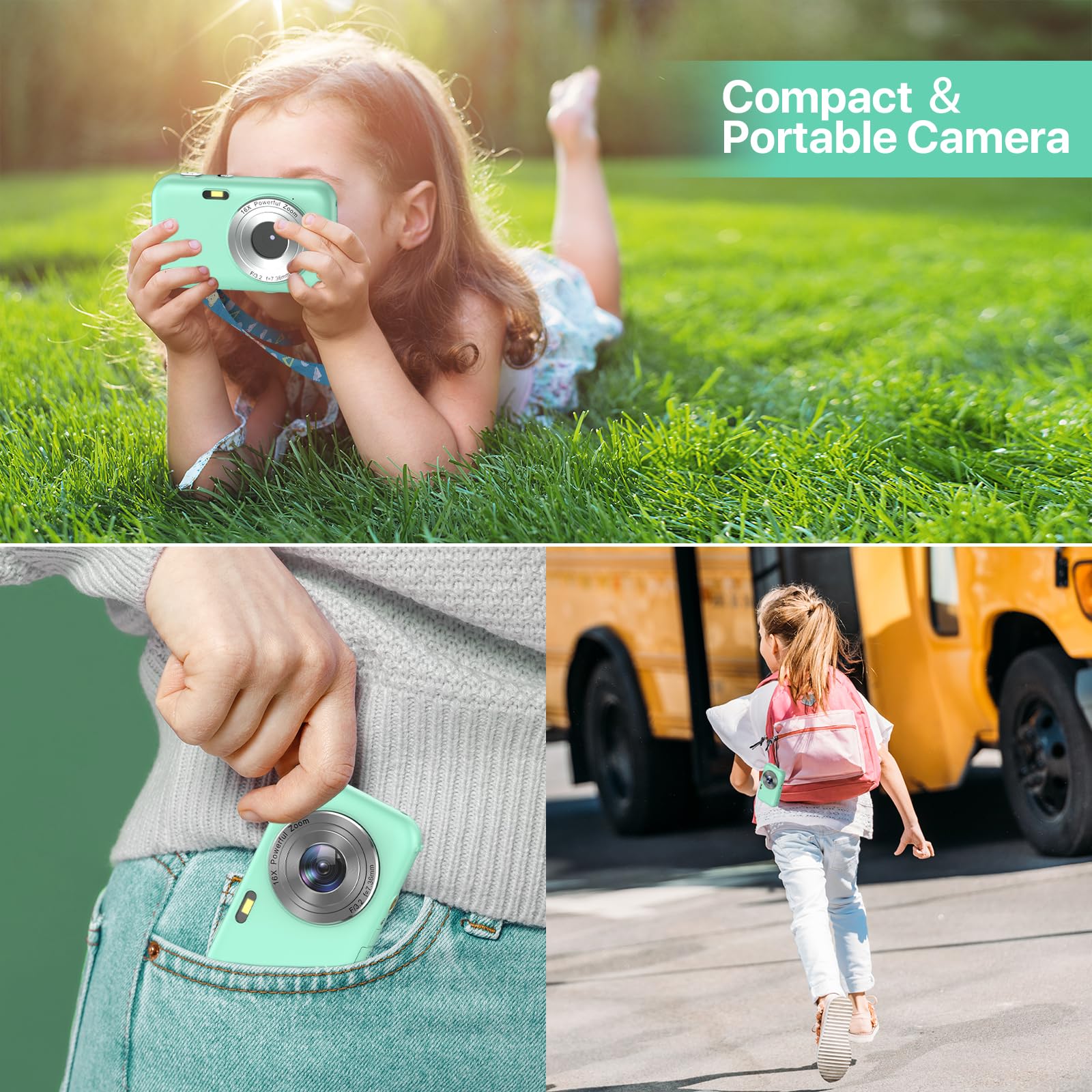 Fotocamera Digitale Compatta con scheda da 32GB, 1080P 44MP Macchina Fotografica Digitale con Zoom Digitale 16X Flash e 2 Batterie, Ricaricabile Fotocamera per Bambini, Adulti, Principianti (Verde)