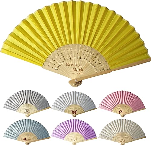 Abanicos de mano personalizados a granel ventiladores de seda personalizados con grabado en el mango, regalos de fiesta para invitados, abanicos de