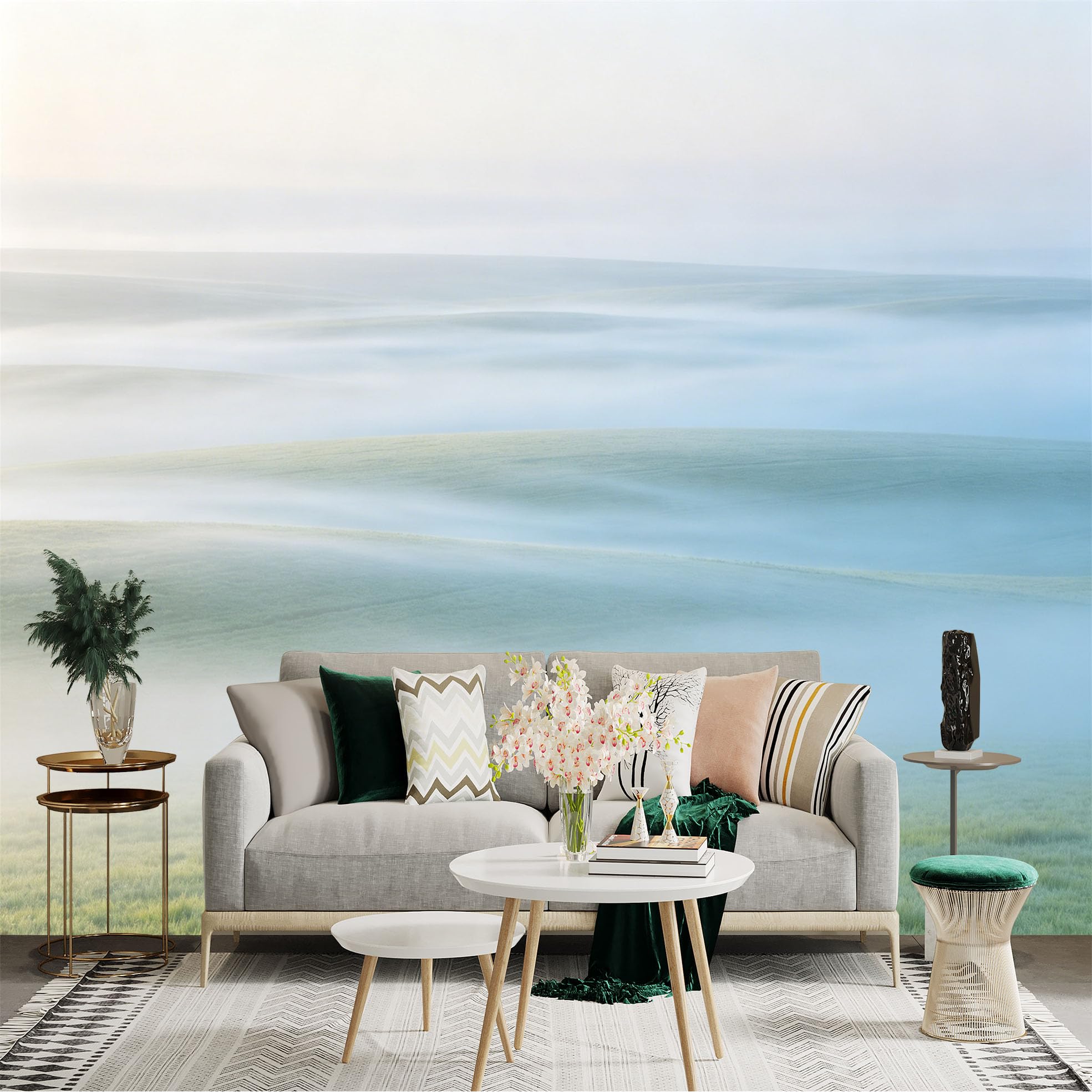 Lnzczhyre Dbh260521001 Custom Size Wall Sticker Mural， Misty Morning Landscape， Rolling Green Hills， Ethereal Atmospheric Fog， Peaceful Nature Scenery， For Wall Decoration， Peelandstick Wall Decals.