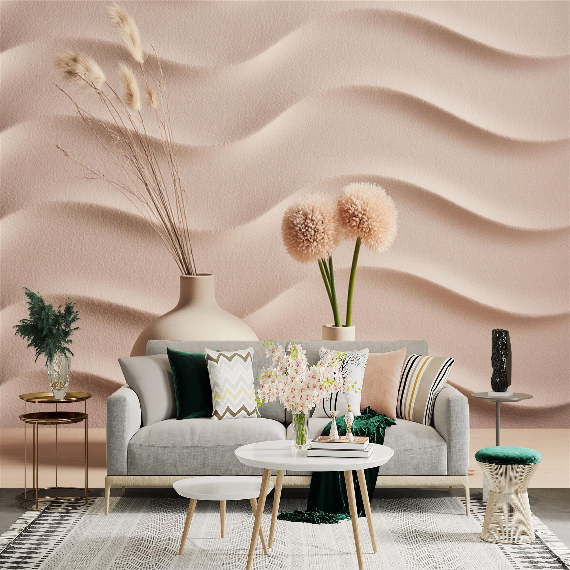 Custom Size Wall Sticker Mural， Minimalist Beige Vases with Dried Flowers， Soft Wavy Texture Background， Elegant Modern Home Decor， for wall Decoration， peelandstick wall Decals.