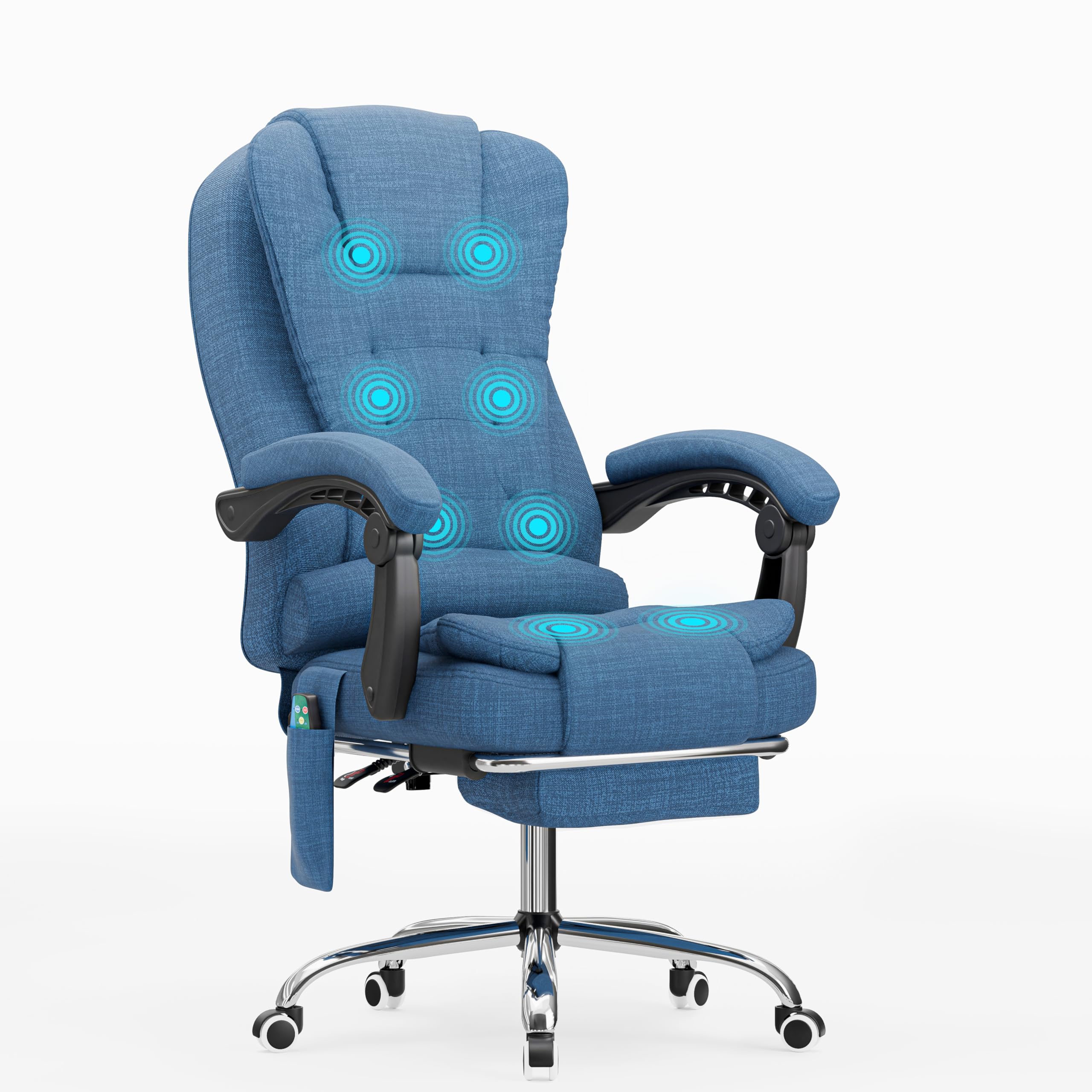 Blisswood Ergonomic Computer Chair with 8-Point Massage – Executive Manager Office Chair with Heated Lumbar Support, Swivel Base, Adjustable Height and Footrest for Home or Study Use - Linen (Blue)