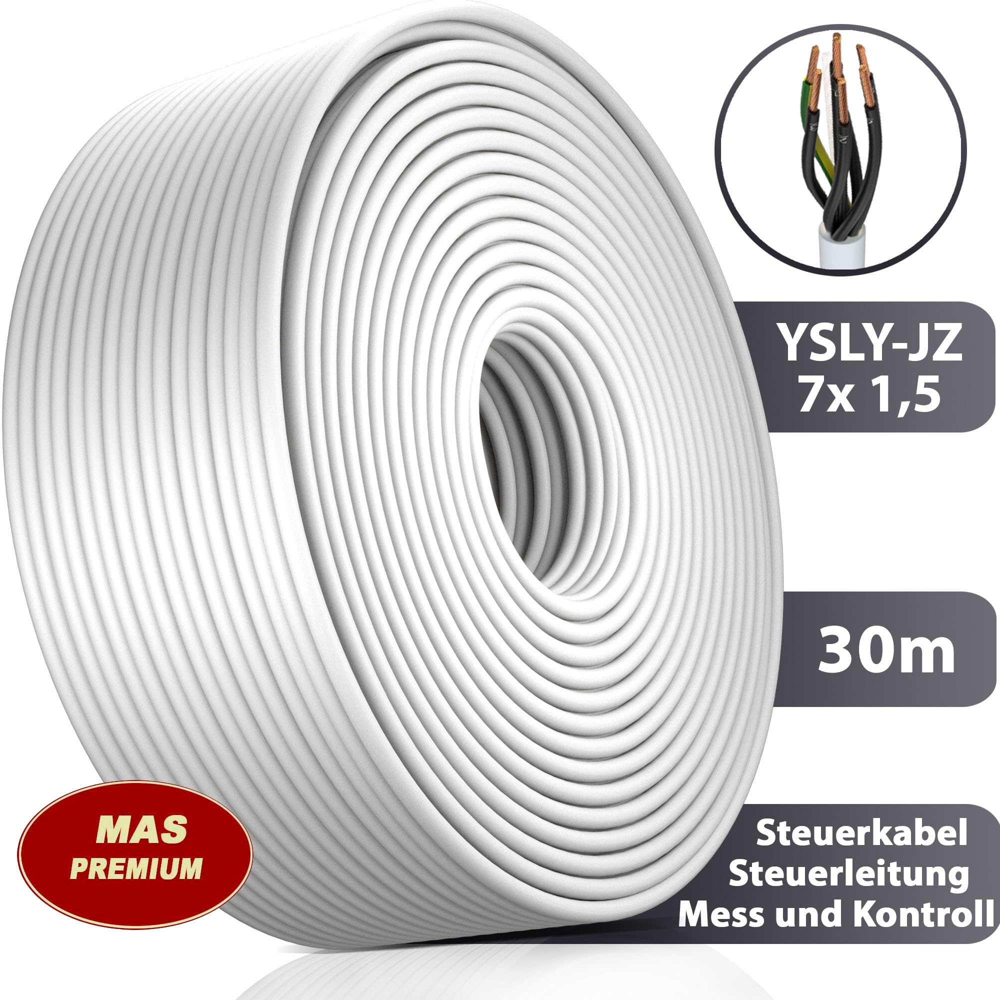 MAS Premium 5-150 m YSLY-JZ 7 x 1,5 mm², elastyczny kabel sterujący, szary, kabel pomiarowy, kontrolny i regulacyjny do obrabiarek, przewód sterujący, E-samochód, przyłącze do stacji ładującej (30 m)