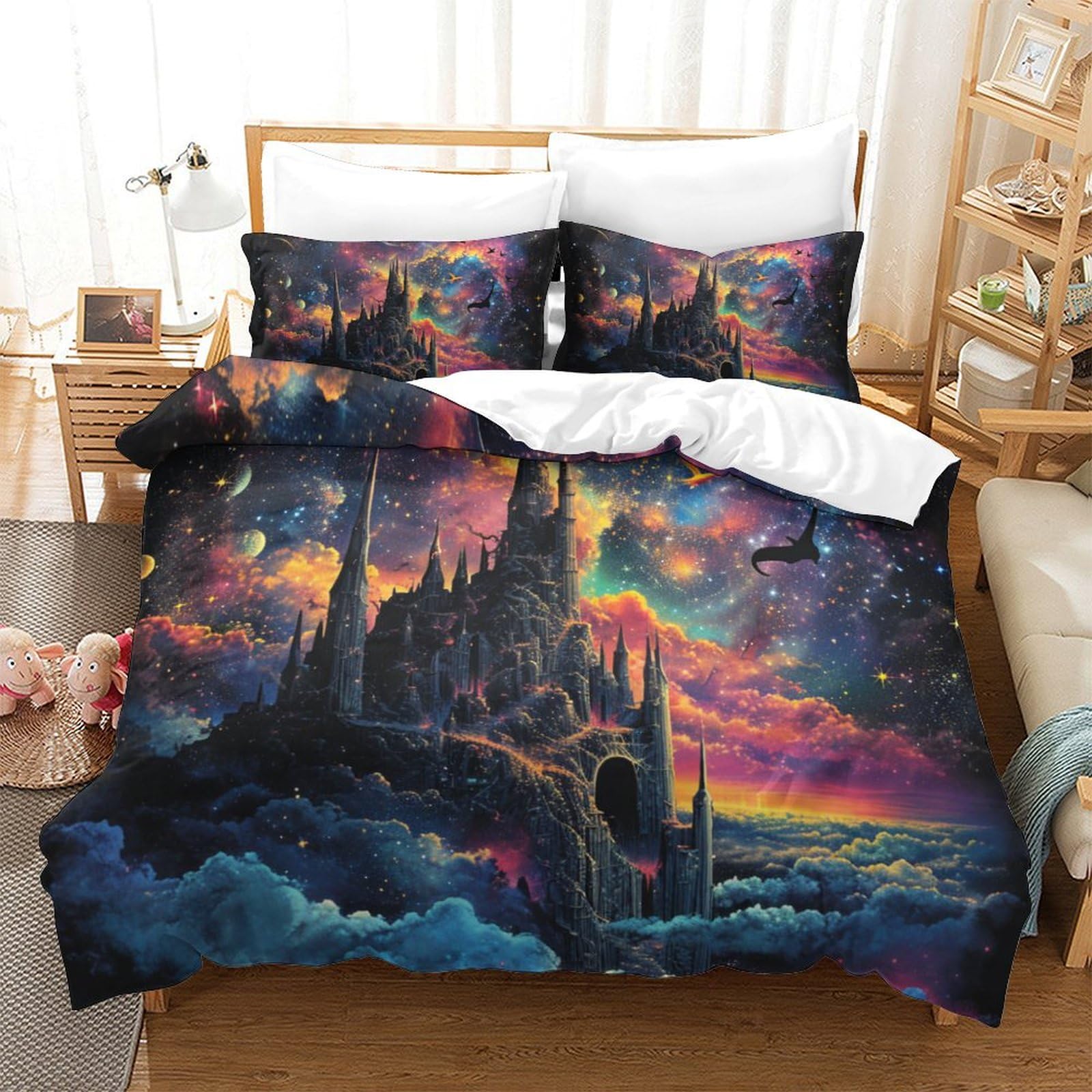 Housse de couette 3D château 260x220 anti-froissement à fermeture éclair pour lit d'ado