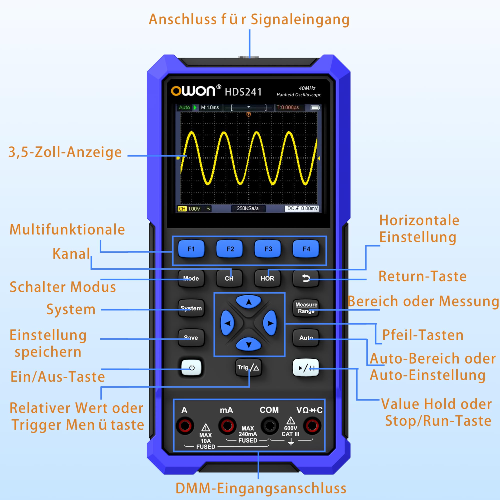 HDS241 OWON Osciloscopio Multímetro 3 en 1 Función 24.000 Valores Medidos Multímetro 40MHz Ancho de banda 100KHz Fuente de Señal 3.5" LCD con 320 x 240 píxeles