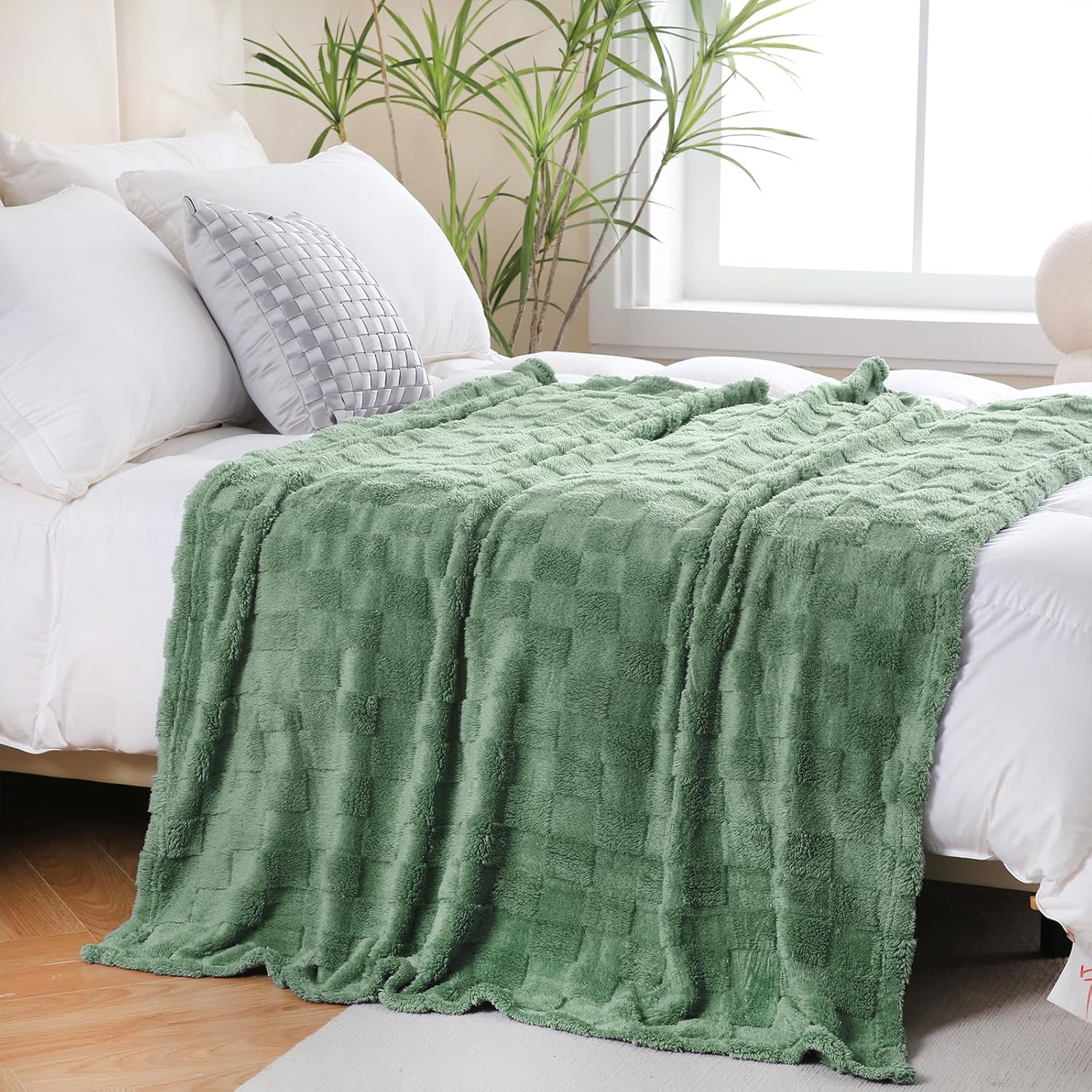 Spring Sage Green Fleece Throw Blanket 50”×60” for Couch Sofa Bed,Super Soft Cozy Plush Microfiber Flannel Blanket with 3D Checkered Design Lightweight for Adults,Woman,Girls - Image 6