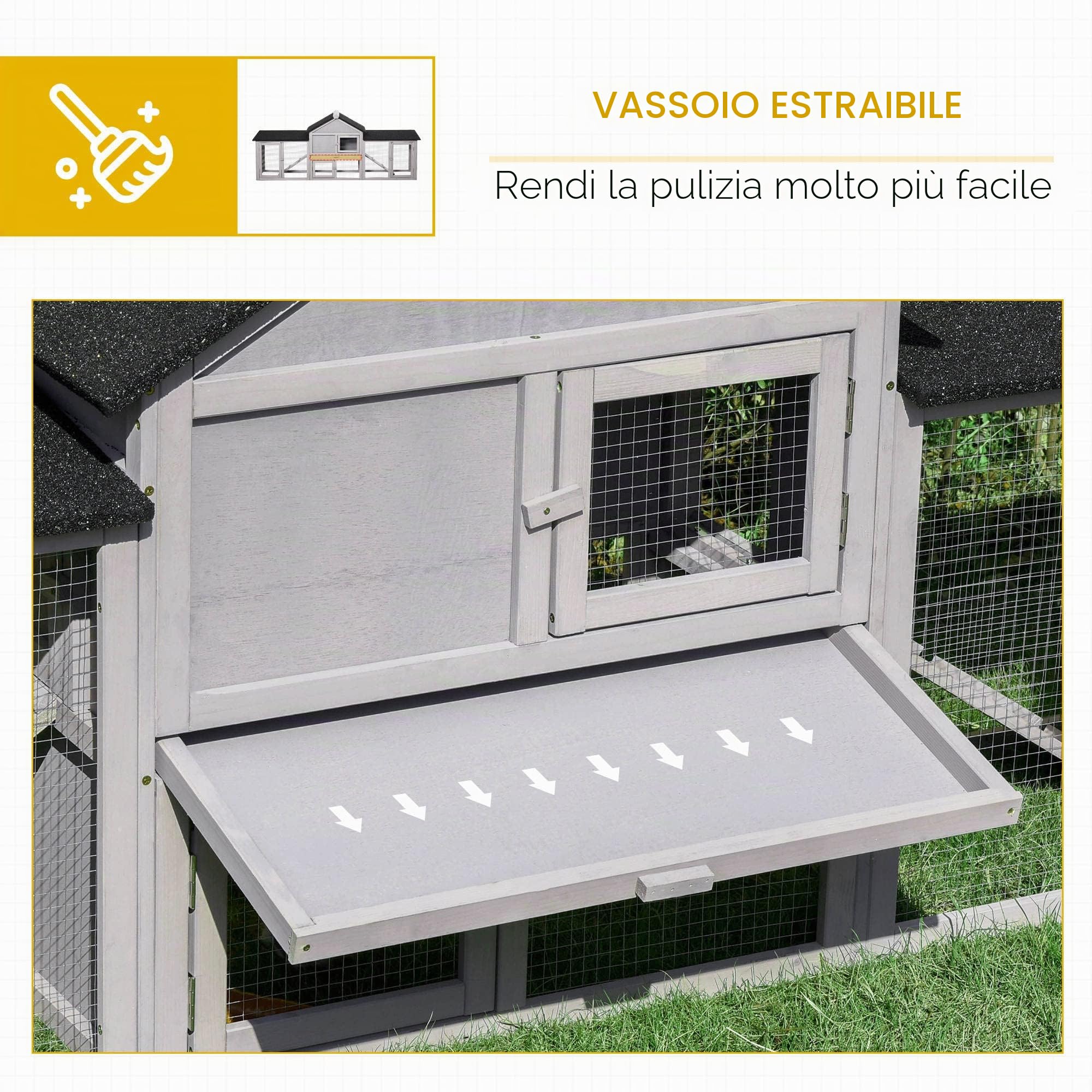 PawHut 83" L Conigliera esterna, doppio recinto per conigli, Grigio | Gabbia per cavie, conigliera in legno, tetto impermeabile, vassoio rimovibile, rampe, per polli e anatre