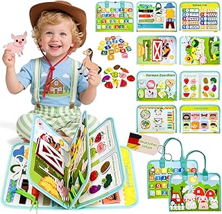 Busy Board German, Montessori Toy from 1 Year, Toy from 1 Year, Quiet Book with Farm Theme, Travel Games Children from 3, Sensory Toy, Gift Toy from 1 2 3 4 Years Girls Boys