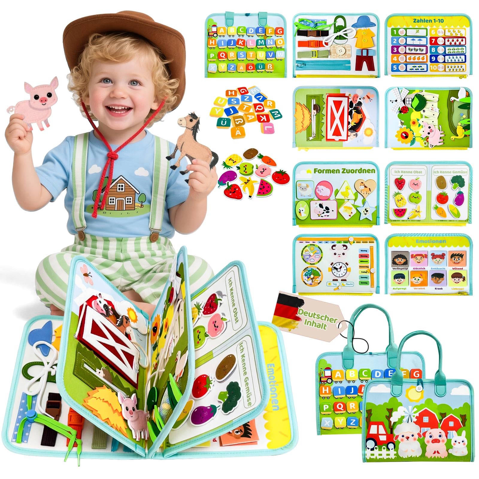 Sumtoco Busy Board Deutsch, Montessori Spielzeug Ab 1 Jahr, Bauernhof Quiet Book, Reisespielzeug Ab 3, Sensorik Spielzeug, Geschenk Spielzeug Ab 1-4 Jahre Mädchen & Jungen