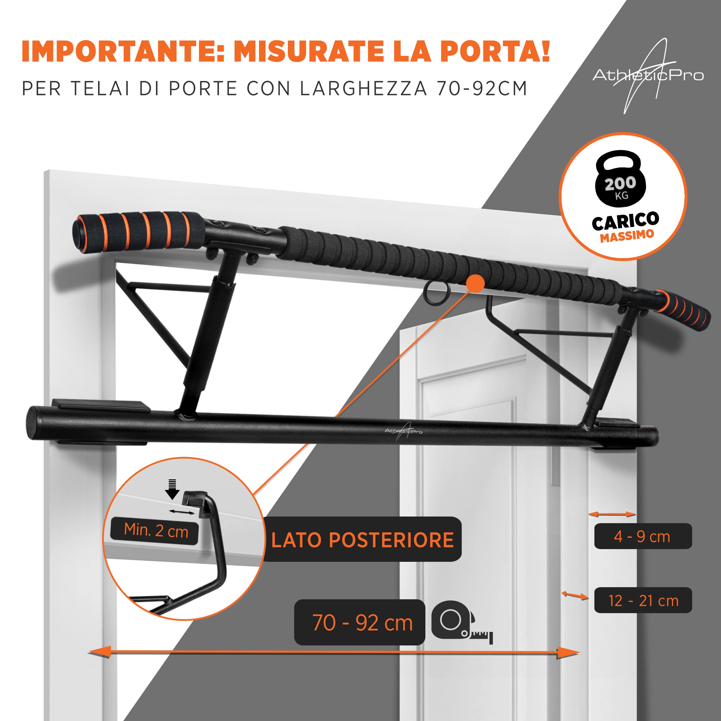 AthleticPro Barra per trazioni per telaio della porta senza foratura, da appendere, stabile barra per trazioni fino a 90 cm di larghezza, per trazioni, dip e flessioni, con fascia per trazioni