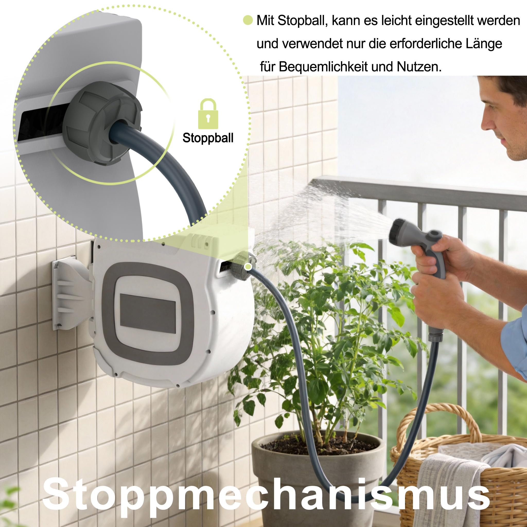 Aufun Wandmontage Schlauchtrommel 30M Gartenschlauch, Weiß | Schlauchaufroller mit Handbrause und Anschlüssen, Automatik-Aufrollung, 180° Schwenkhalterung, 10 Sprühmodi