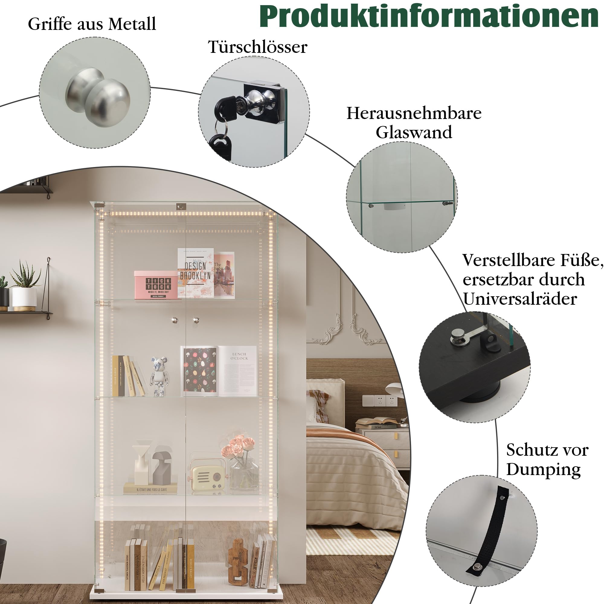 Vitrina de cristal con iluminación LED, vitrina de pie con 4 capas de vidrio, armario de exhibición con 2 puertas y cerradura, vitrina de cristal para sala de estar, oficina, piezas de