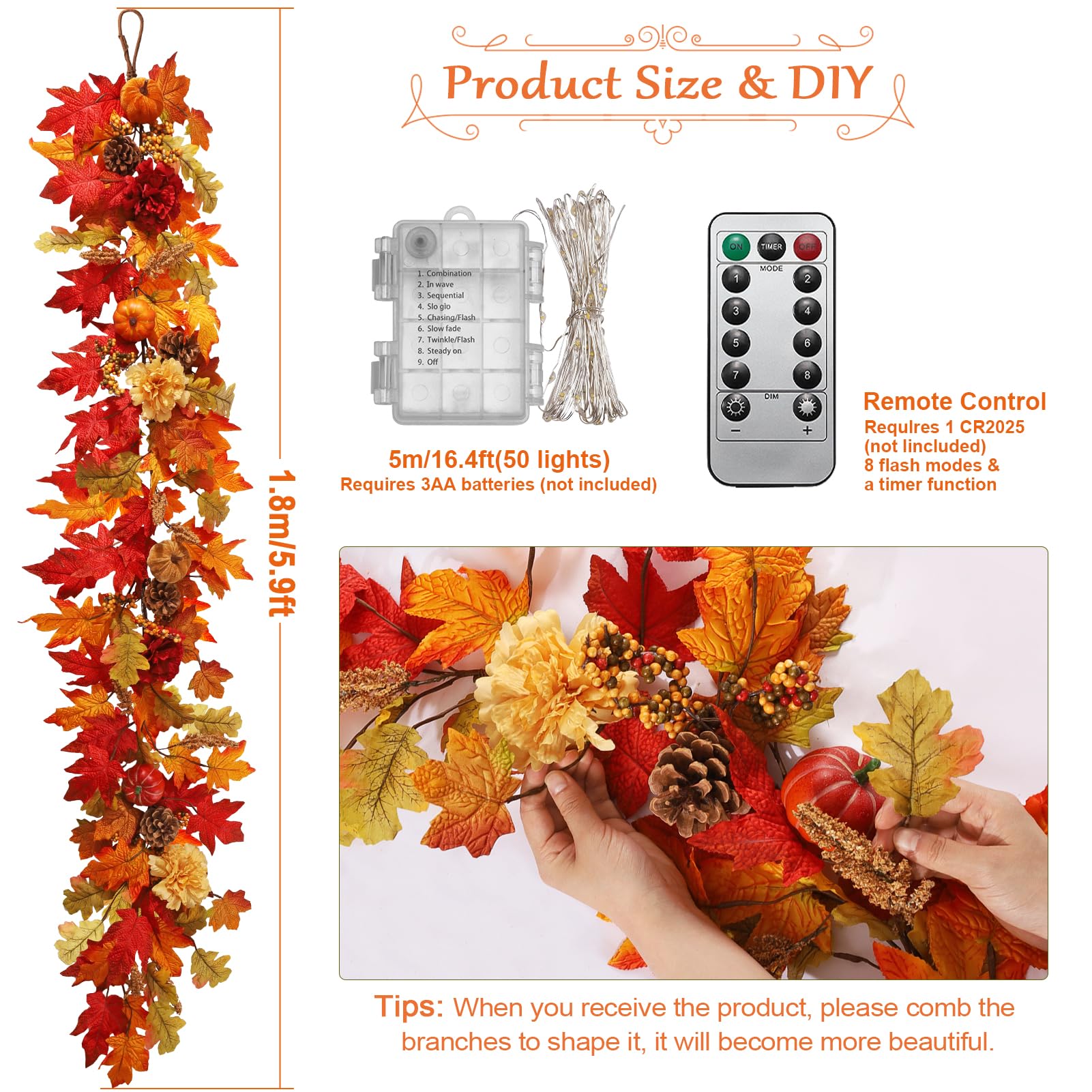 5.9 FT Fall Decor Garland, Fall Leaves Garland With 50 Lights, Autumn Colored Maple Leaf Garland With Pumpkin & Berries, Thanksgiving Hanging Vine Garland, Fall Decorations for Home Mantle Table Party