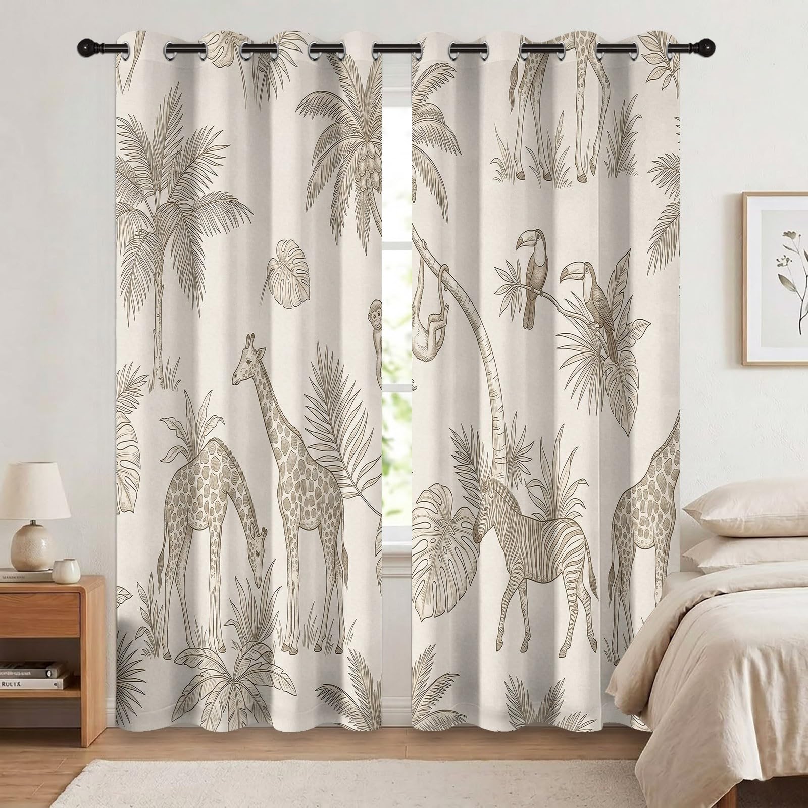 Rideaux Occultant Animal Forêt, Rideaux Occultant Monstera Tropicale Girafe & Singe Rideau Thermiques Isolant Anti Froid et Chaleur Rideau à Oeillets pour Pépinière, 2 PCS, 110L X 215H cm