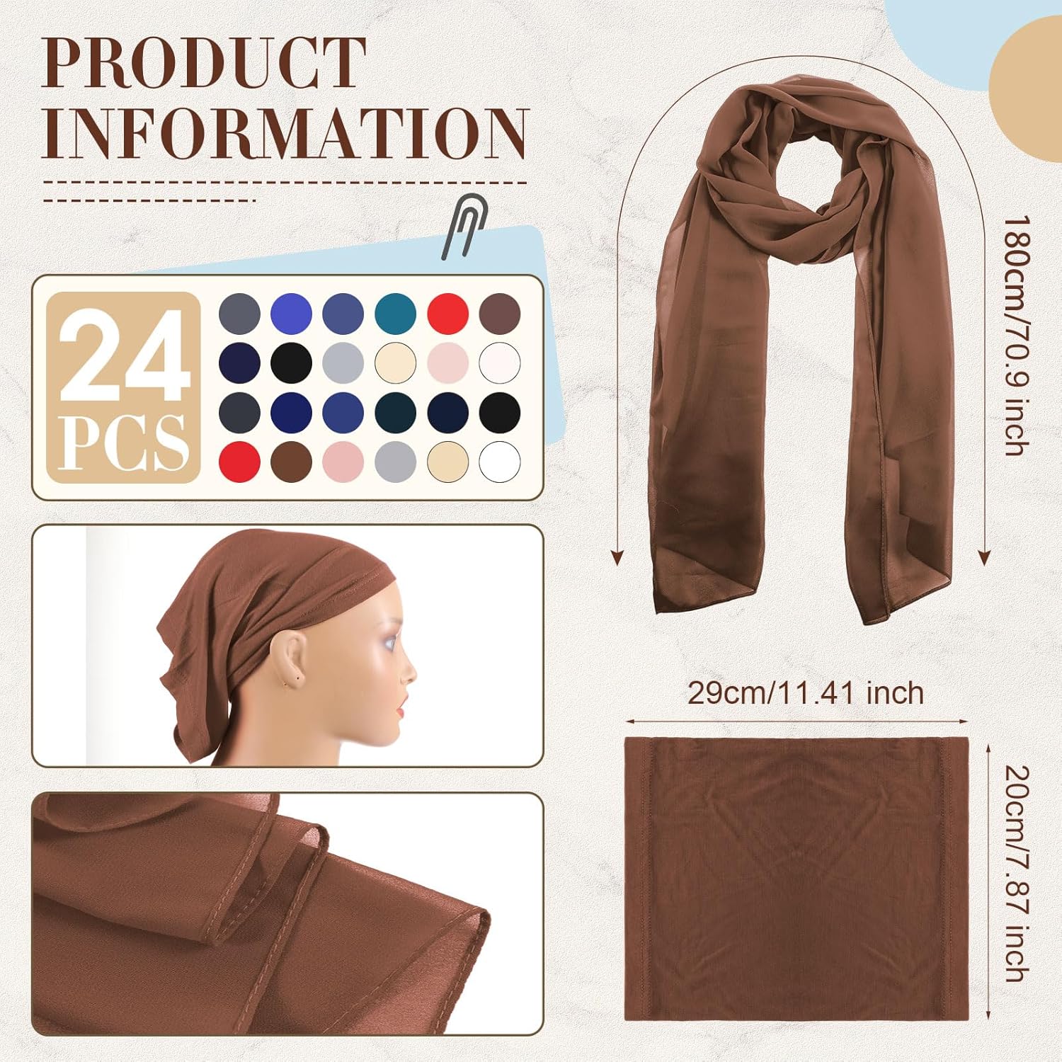24 Pcs Hijab Scarf for Women Solid Color Chiffon Long Scarf Shawls and Wraps Lightweight for Muslim Women Gifts - Image 2