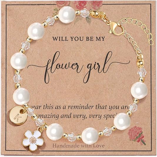 enasal Personalized Flower Girl Proposal Gifts, Will You Be My Flower Girl ? Initial A-Z Cute Shell Pearl Bracelet for Girls