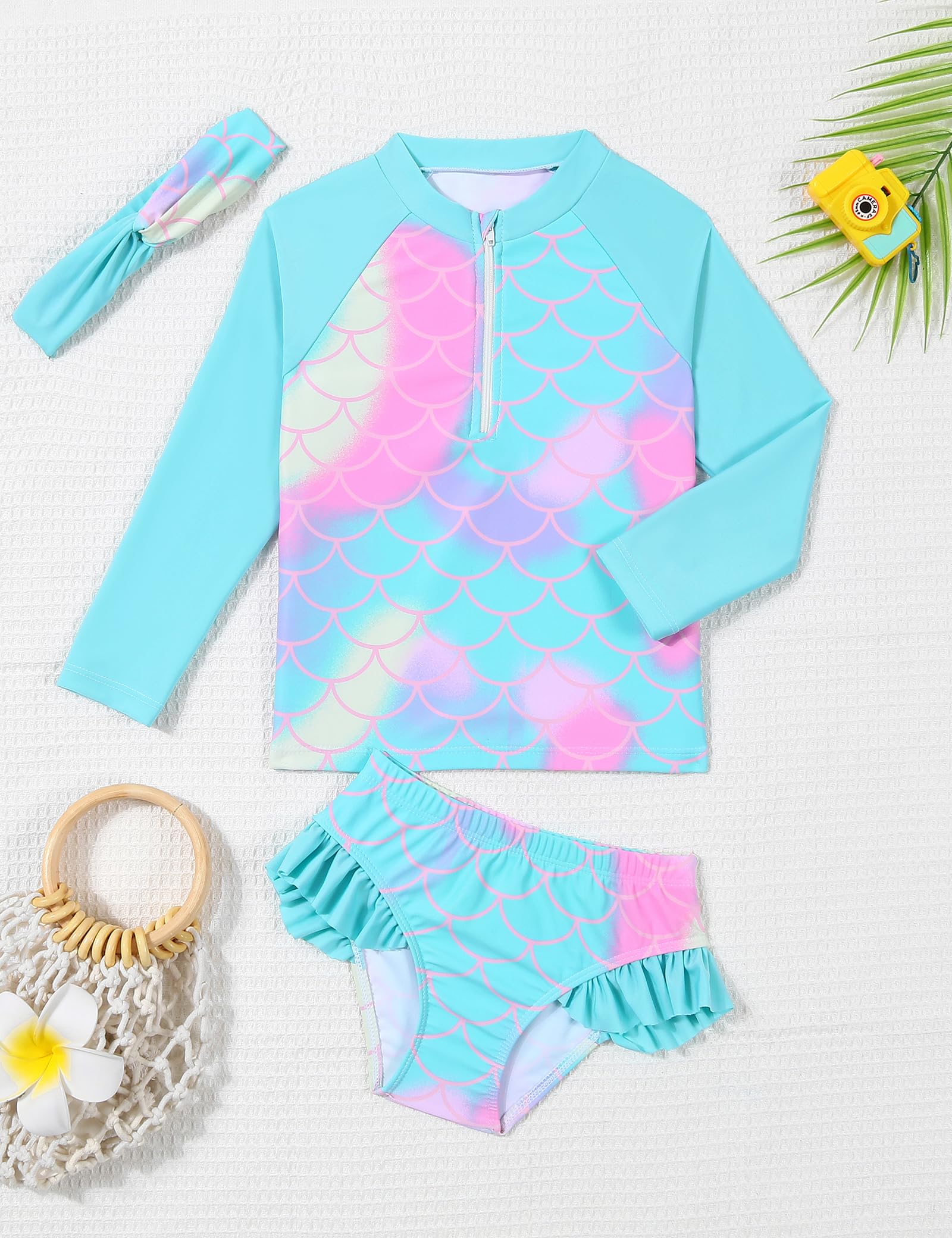 Maillot de Bain à Manches Longues pour Filles Maillot de Bain à Volants Protection Solaire UV Maillot de Bain 2 pièces pour l'été 3-10 Ans