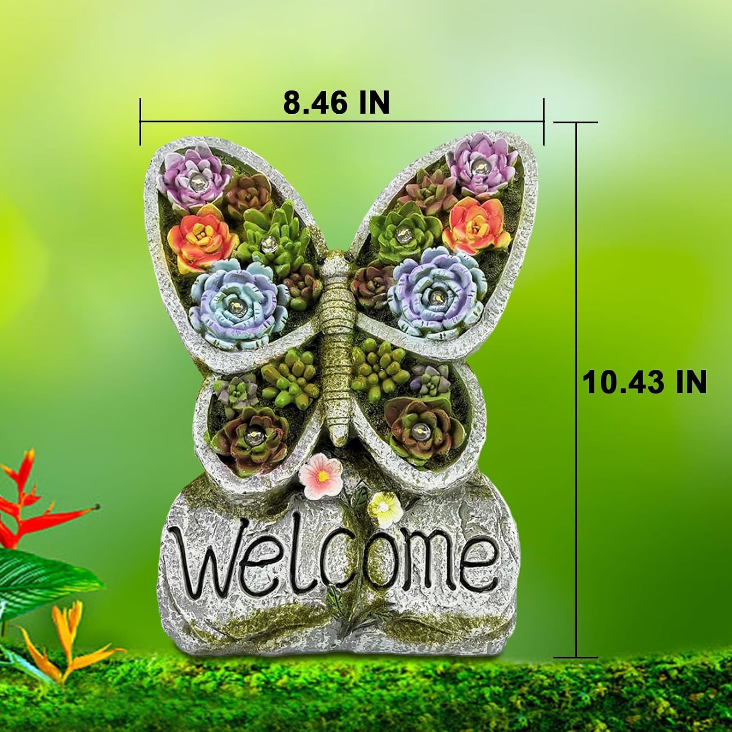 Solar Garden Statues Lights, Succulent Butterfly Resin Lamp with 8 LED, Outdoor Decoration Statues with Welcome Sign Table Lamp for Patio Lawn Yard, Garden Gifts for Mom (Purple Succulent)