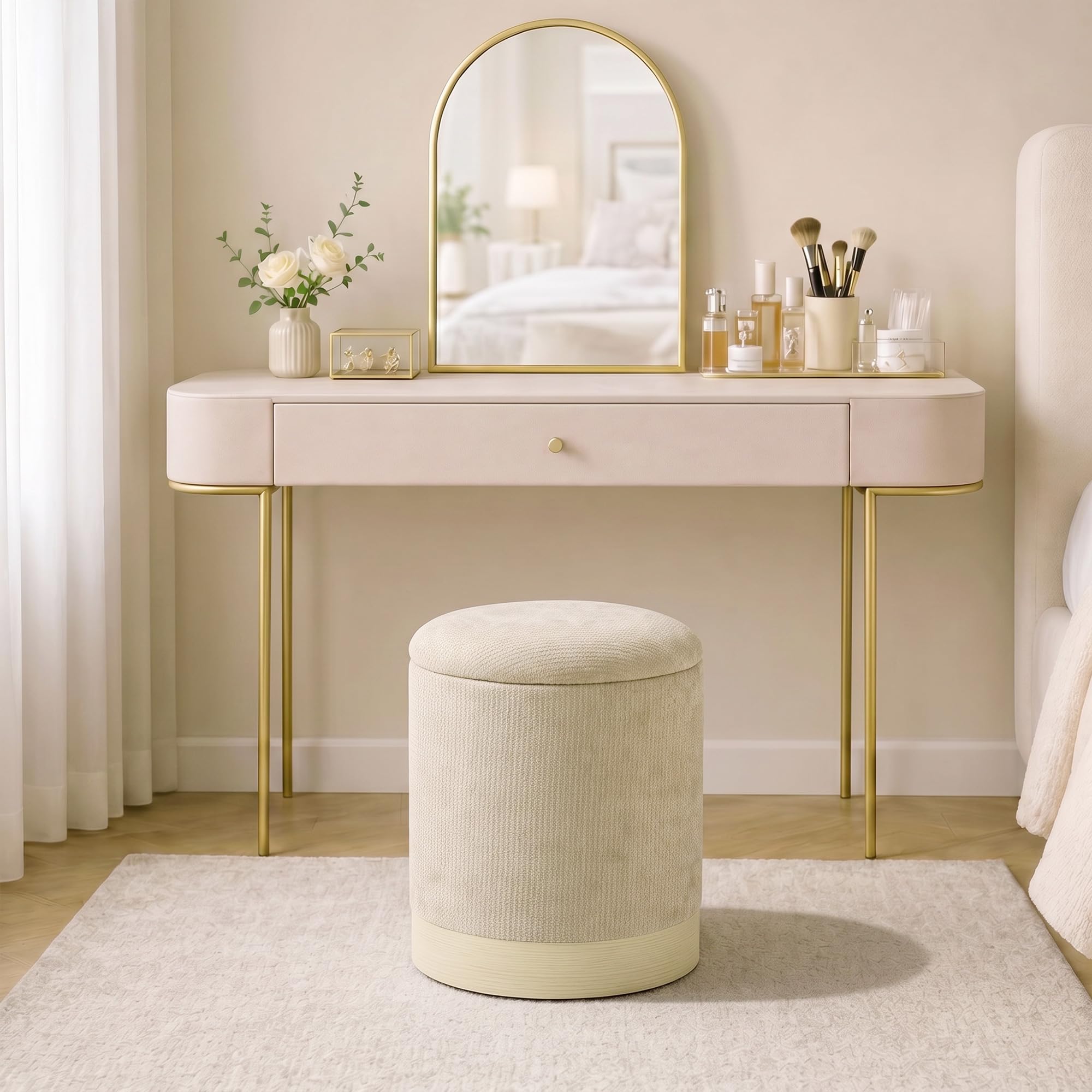 HOMCOM Pouf rotondo portaoggetti in ciniglia, Ø38x45 cm, beige | Pouf poggiapiedi, base in metallo effetto legno, per camera da letto, ingresso, soggiorno, portata 120 kg.