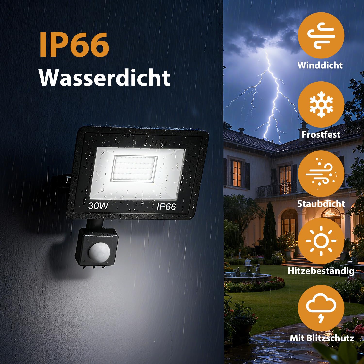 vighep 30W LED Strahler mit Bewegungsmelder Außen, 3000LM Superhell LED Fluter Außenleuchte 6500K Kaltweiß, IP65 Wasserdicht Scheinwerfer Aussen für Garten Garage Hinterhof Hof-2 Stück