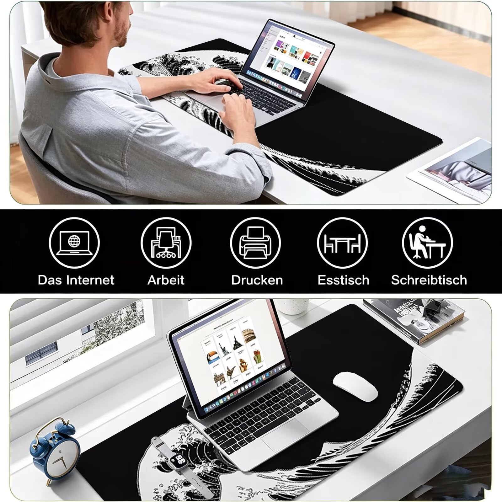 Tappetino Mouse Gaming, 1200x600mm Tappetino Mouse XXL nero 0c0-270 | Mouse Pad Grande, Ottimizzato per i Sensori da Gioco, Migliora Precisione e Velocità, per Mac e PC, onde
