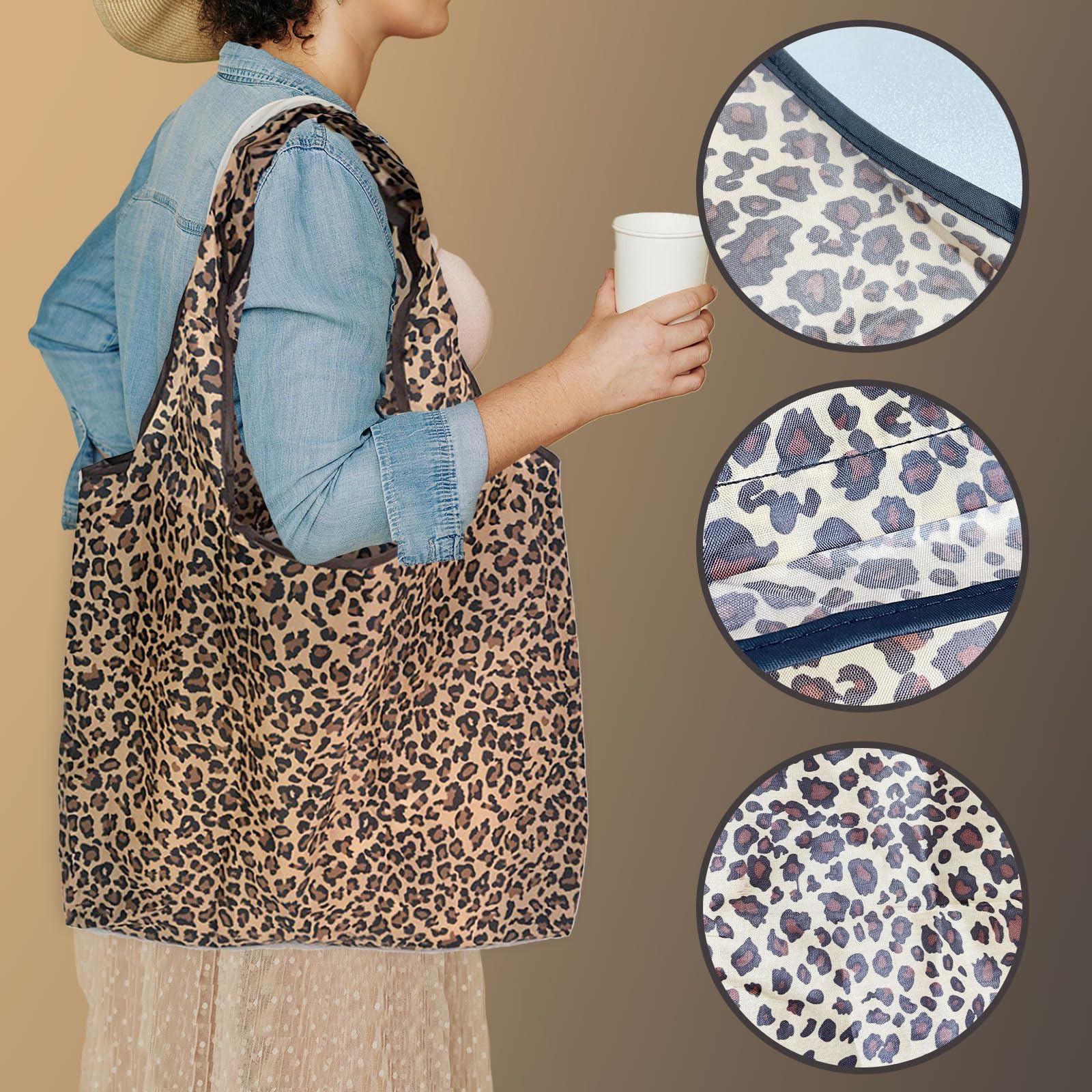 UILYNIU 3 Pack Large Lightweight Foldable Reusable Shopping Bag (Brown) - Image 3
