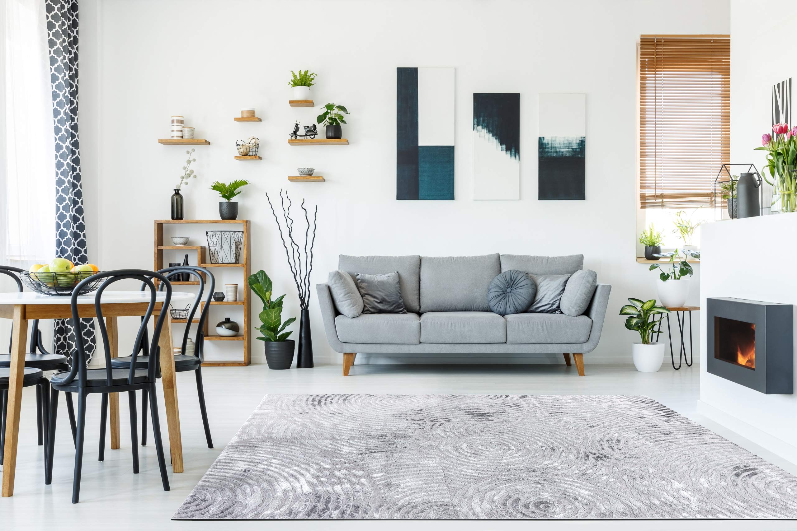 Nowoczesny dywan MEFE, elegancki dywan do salonu, sypialni, okręgów, odcisków palców - strukturalny, dwa poziomy z włókniny, szary, srebrny 240 x 330 cm