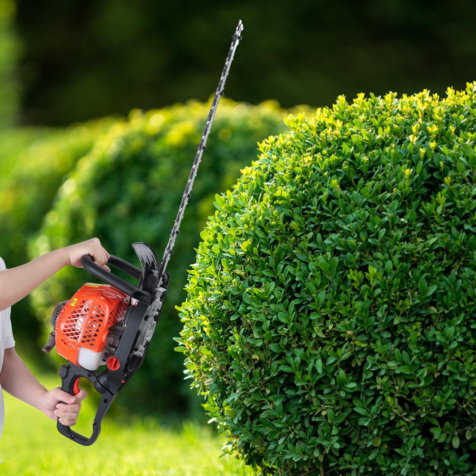 Taille-Haie Essence 26 cm³ Double Lame 600mm, Taille-Haie Thermique Puissant avec Poignée Ergonomique, Démarrage Rapide pour Jardin, Arbustes et Haies Orange