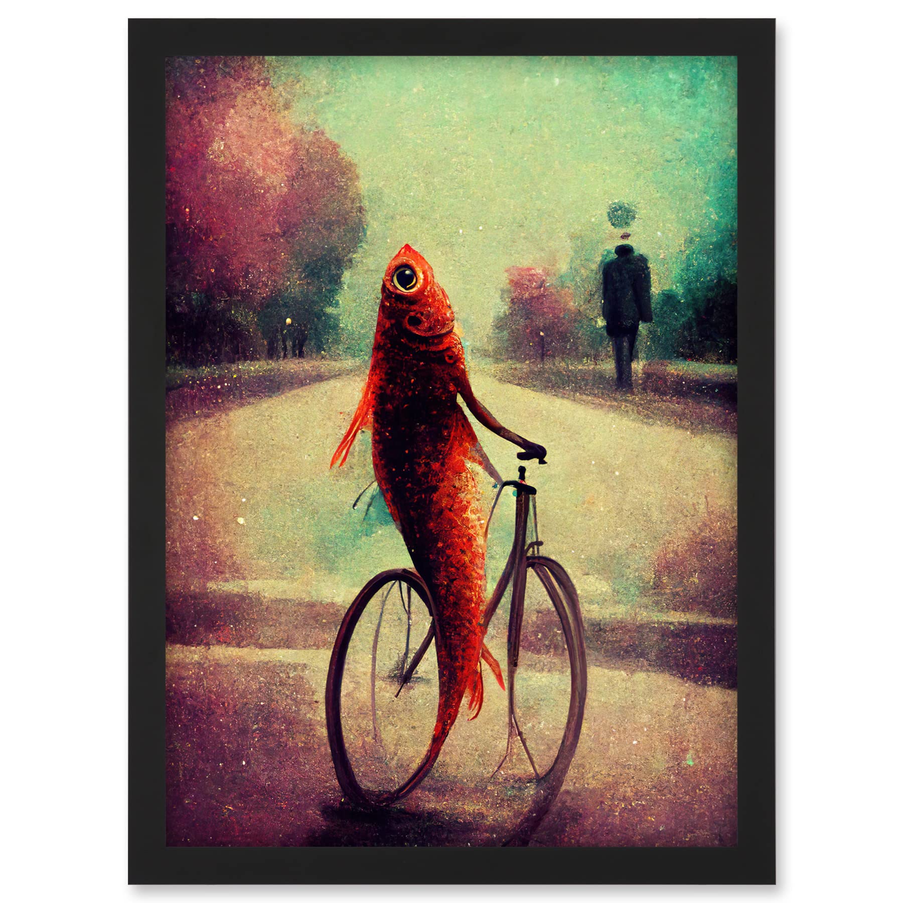 Doppelganger33 LTD Koi Fish With Bicycle Surrealism Purple Teal Park Dream Artwork Framed A3 Wall Art Print